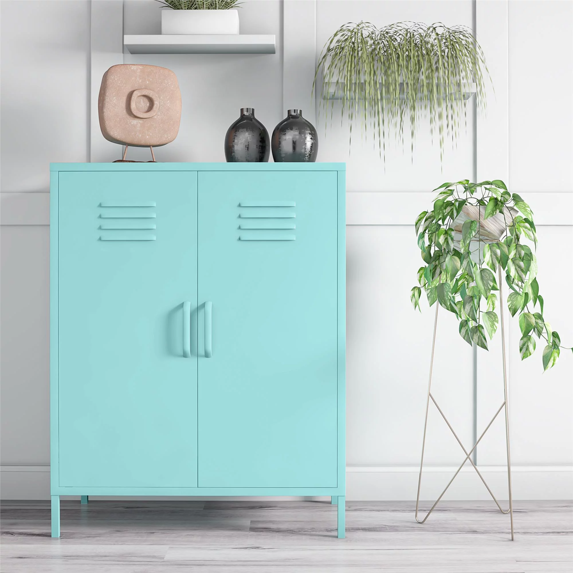 Novogratz Cache 2 Door Metal Locker Style Storage Accent Cabinet, Mint