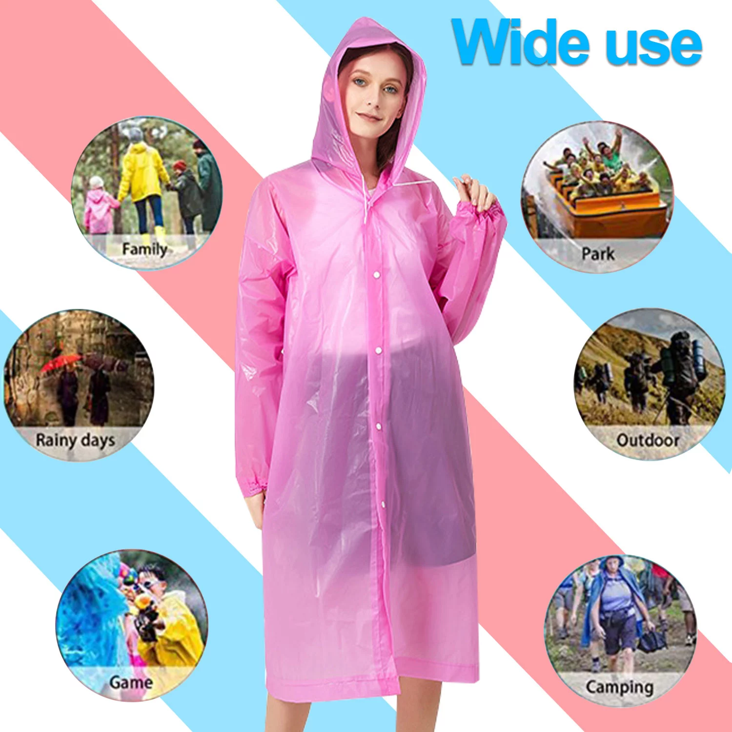 Raincoat Waterproof Rain Coat Poncho Long Rain Jackets Lightweight with Drawstring Hood for Men Women (Pink 1 pack + Purple 1 Pack)