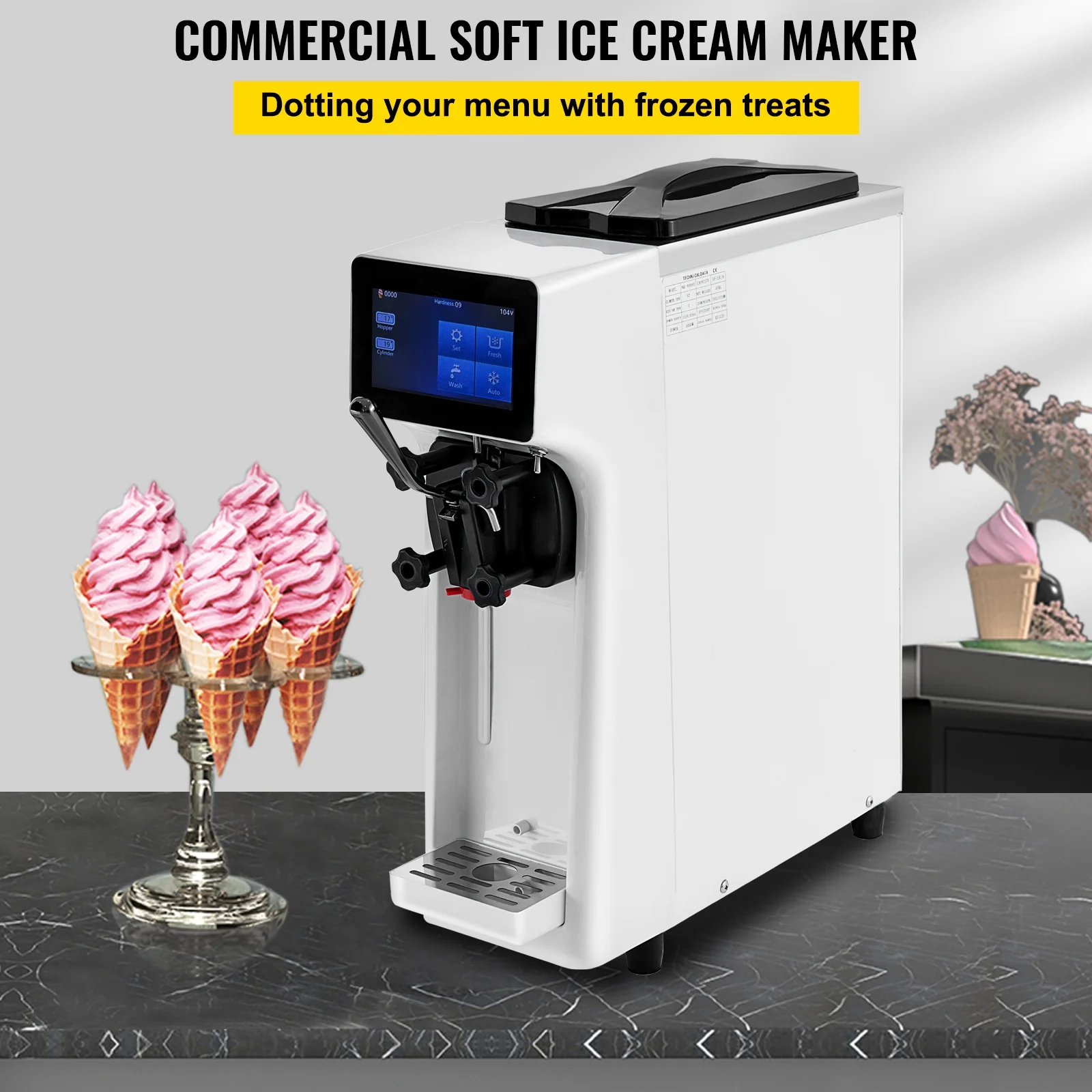 VEVOR Commercial Soft Ice Cream Machine, 3 Flavors Ice Cream Machine, 2.6-5.3 Gal / 10-20 L /H Gelato Machine Commercial, 1000W Countertop Commercial Yogurt Maker Machine, With LED Intelligent Panel