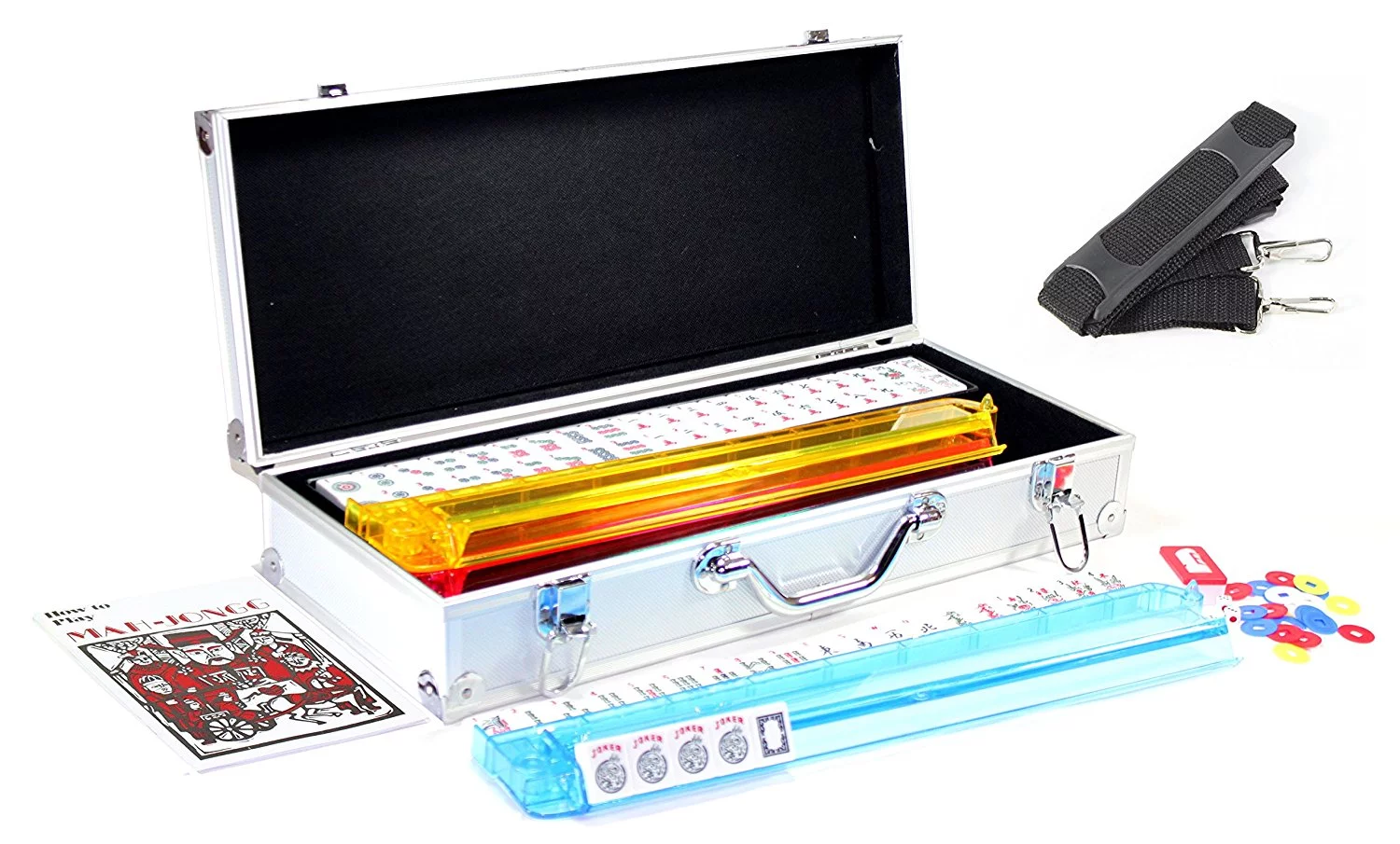 American Mahjong Set with 4 PUSHERS / RACKS COMBO in ALUMINUM CASE (WESTERN Mah jongg 166 Tiles)