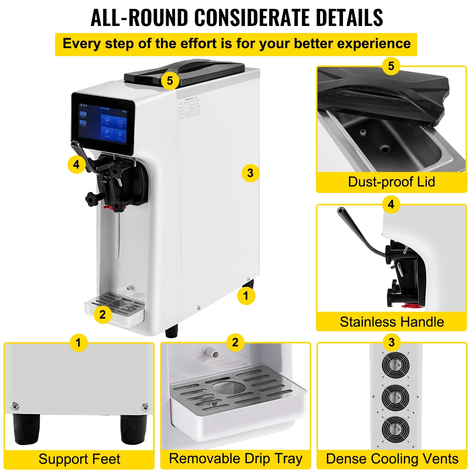 VEVOR Commercial Soft Ice Cream Machine, 3 Flavors Ice Cream Machine, 2.6-5.3 Gal / 10-20 L /H Gelato Machine Commercial, 1000W Countertop Commercial Yogurt Maker Machine, With LED Intelligent Panel