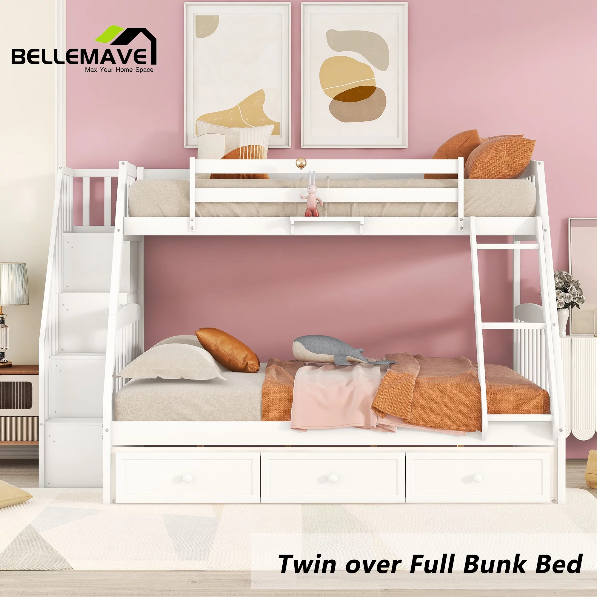 BELLEMAVE Twin over Full Bunk Bed with there drawer, bulid in ladder and storage stairs, Convertible into 2 beds, Kids bunk bed /Wood Bunk Bed for Kids, Teens(White)