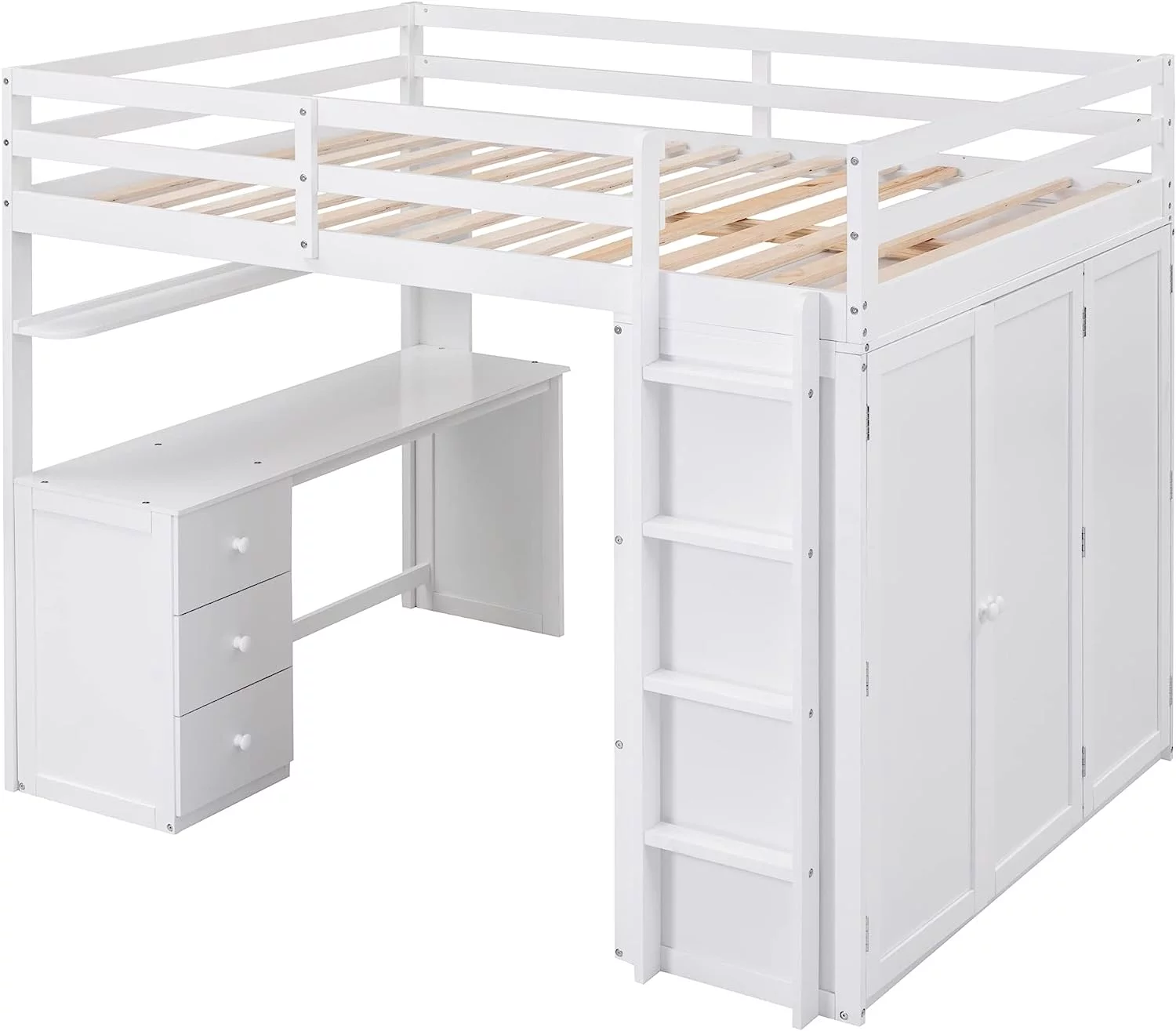 Momspeace Full Size Loft Bed with Wardrobe, Wood Loft Bed Frame with Desk 3 Storage Drawers Shelf Space Saving Platform Bed - White
