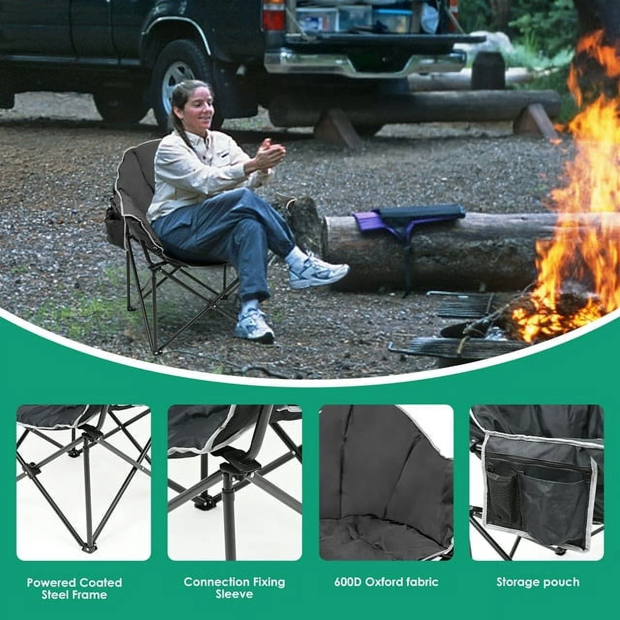 ABORON Oversized Folding Camping Chair, Padded Moon Round Chair for Adults, Foldable Saucer Recliner with Cup Holder & Carry Bag, Supports up to 500lbs