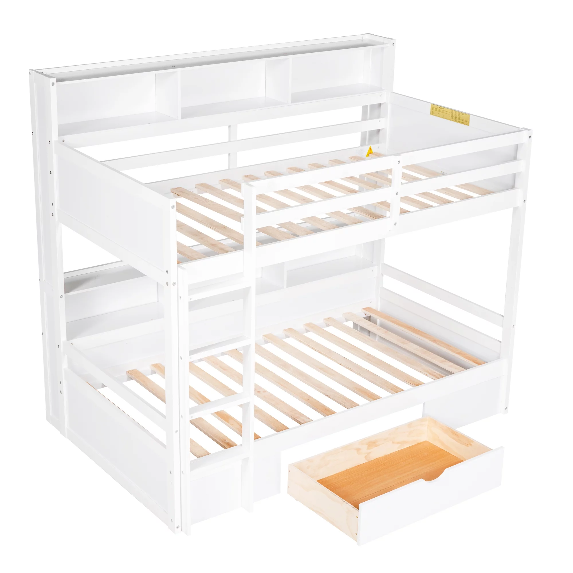 iRerts Twin Over Twin Bunk Bed with Storage Drawer, Wood Twin Bunk Bed with Built-in Shelves Beside Both Upper and Down Bed, Bunk Bed Twin Over Twin for Kids Teens Bedroom, No Box Spring Needed, White