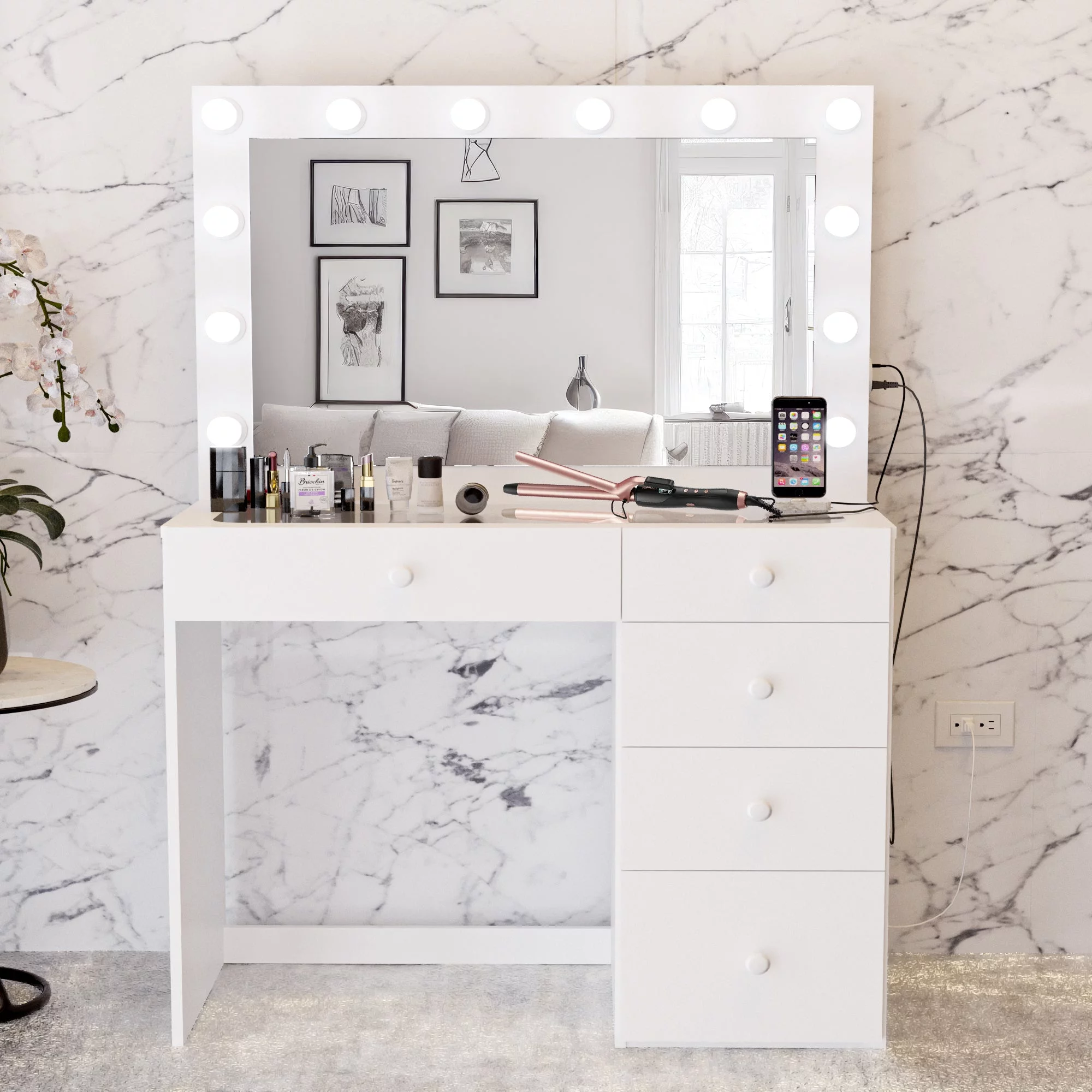 Boahaus Alana Vanity Desk with Mirror and Lights, Basic Knobs, 5 Drawers, White