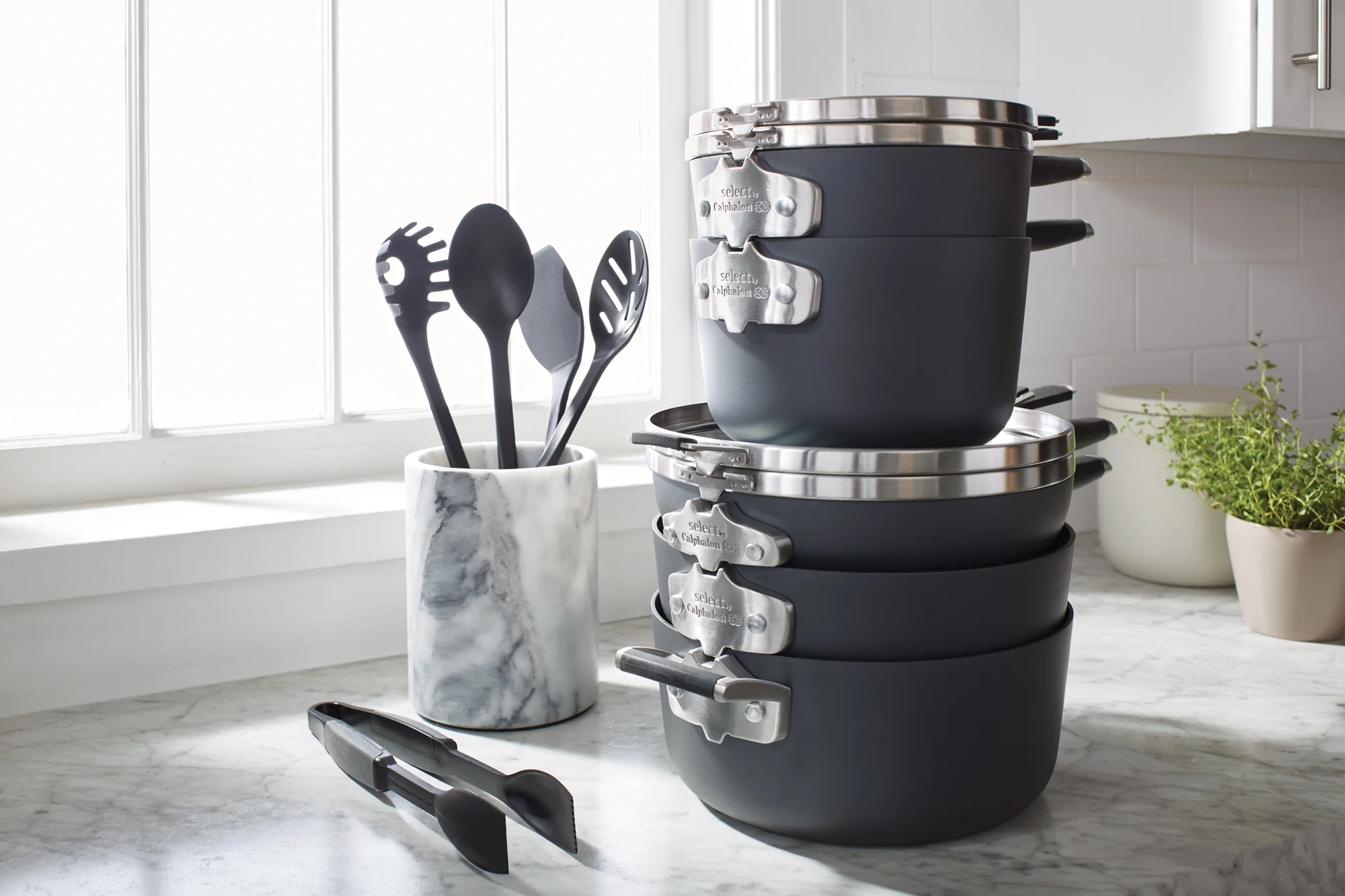 Select by Calphalon Space-Saving Hard Anodized Nonstick Pots and Pans, 14-Piece Cookware and Utensil Set
