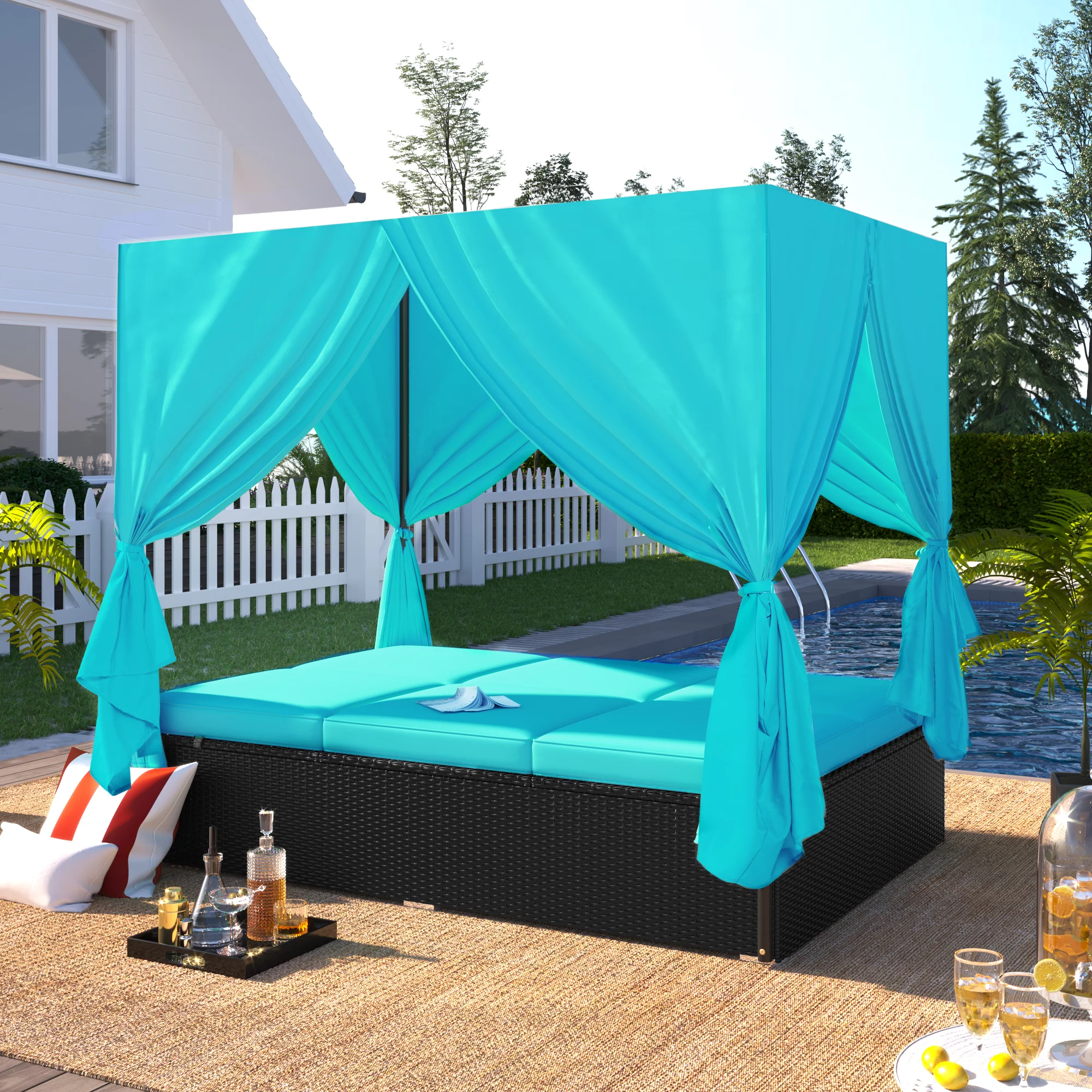 uhomepro Pool Furniture Outdoor Lawn Backyard Poolside Garden Rectangle Daybed, Outdoor Chaise Lounge with Canopy, Overhead Curtains, Cushions, Adjustable Seat, Blue