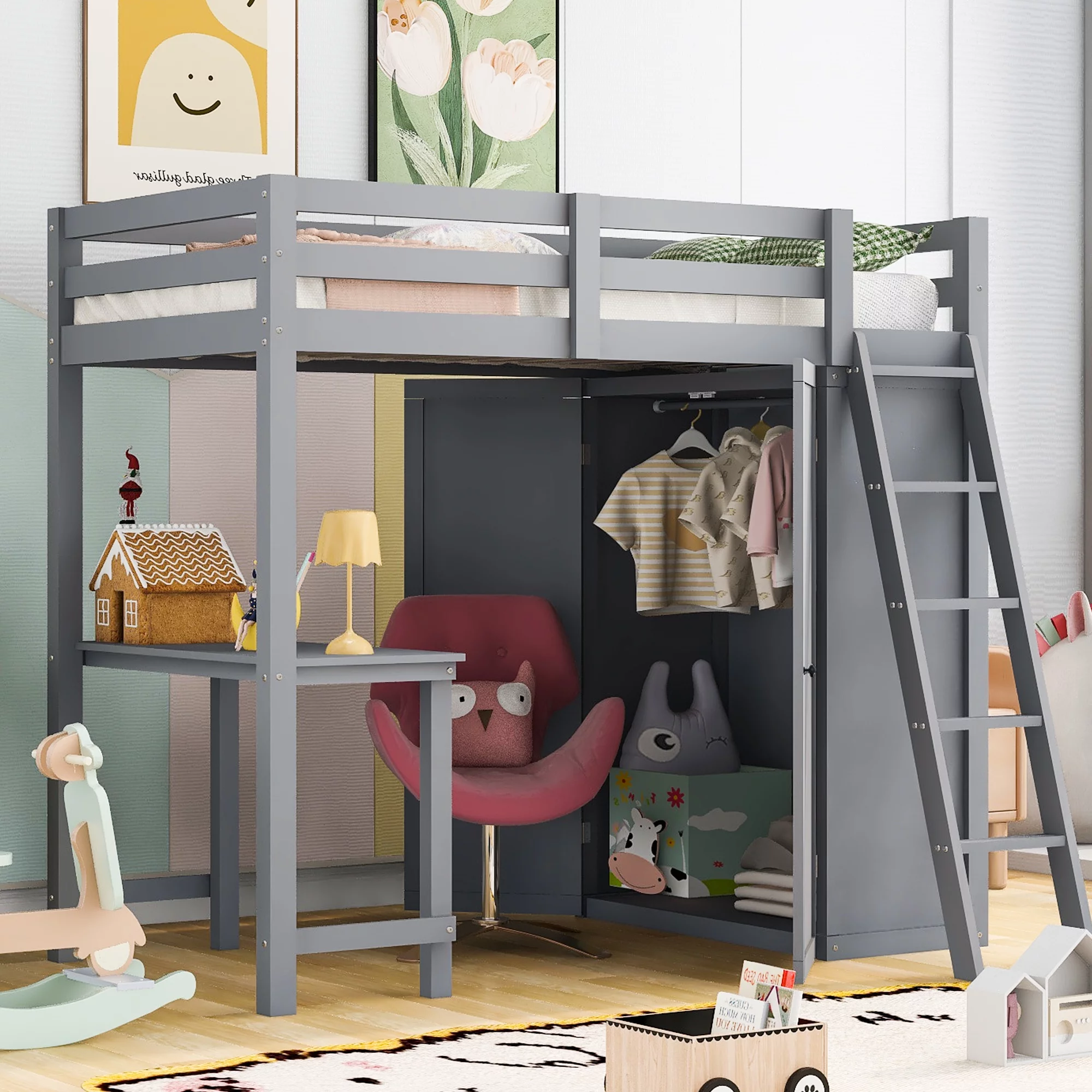 Churanty Twin Size Loft Bed with Wardrobe and Desk for Kids, Wood High Twin Loft Bed Frame with Shelves,Gray