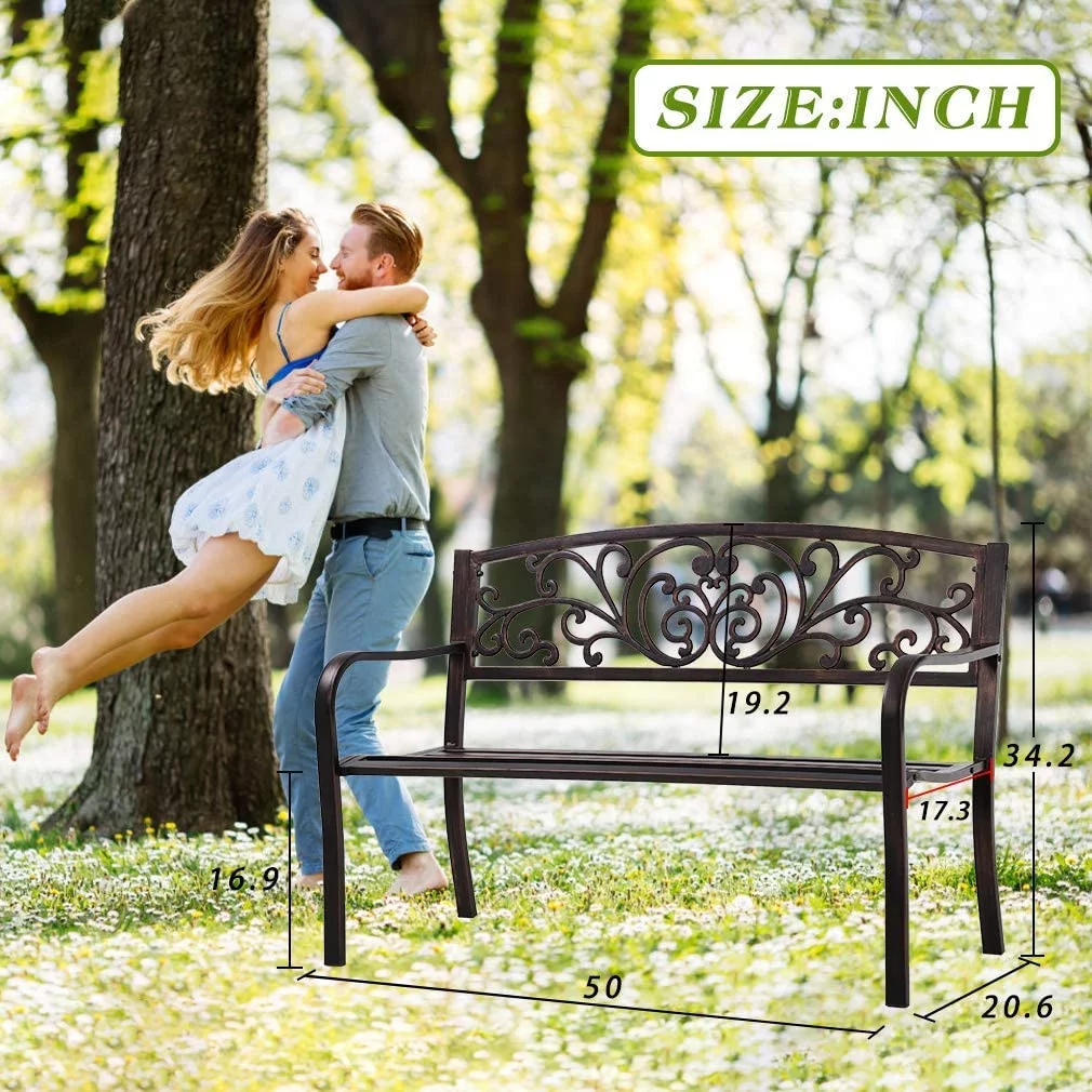 Outdoor Garden Bench Metal, Patio Park Bench with Armrests for Yard Steel & Cast Iron Chair Steel Frame Furniture for Deck Lawn Courtyard