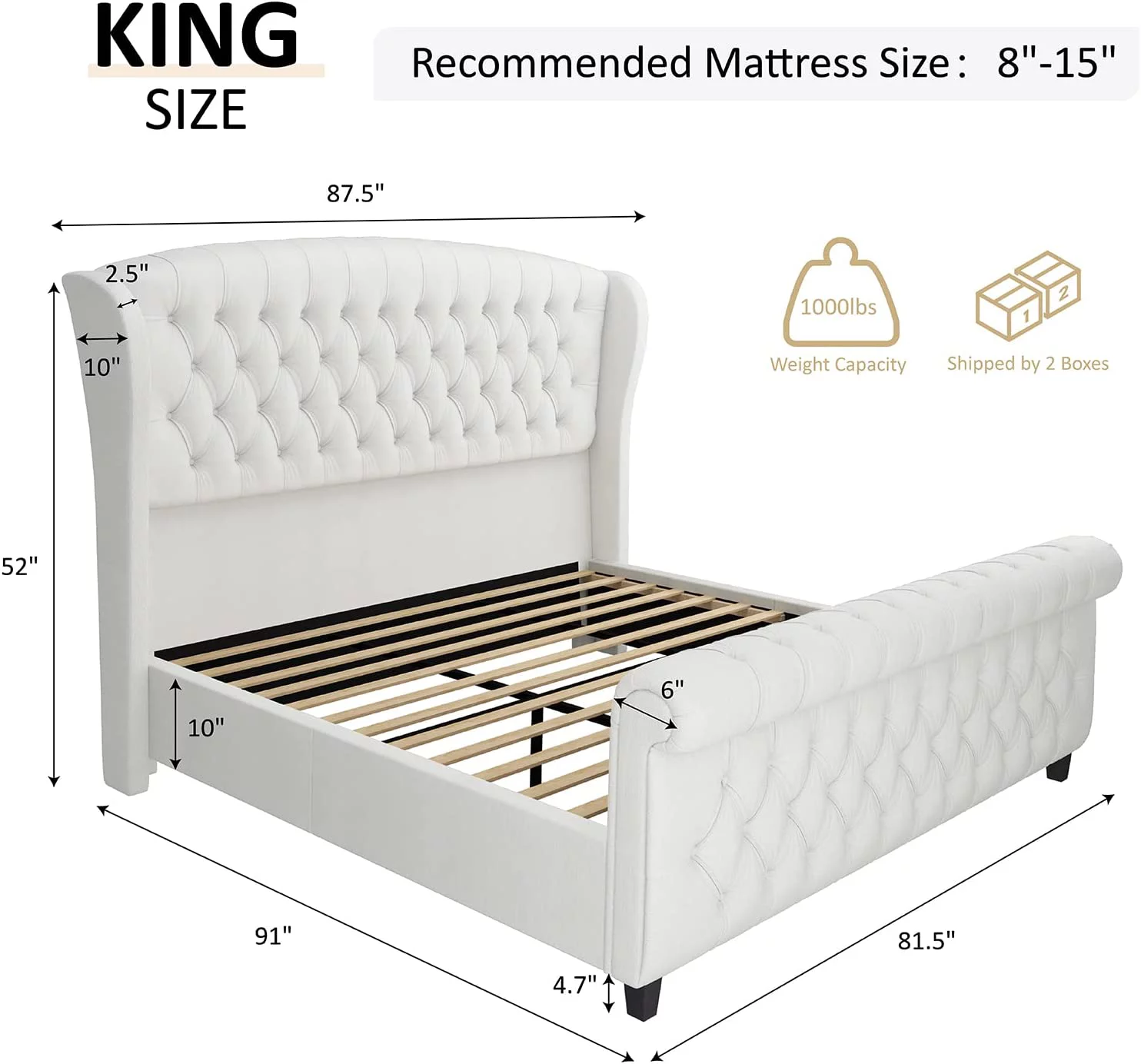 AMERLIFE King Size Platform Bed Frame, Chenille Upholstered Sleigh Bed with Scroll Wingback Headboard & Footboard/Button Tufted/No Box Spring Required/Cream