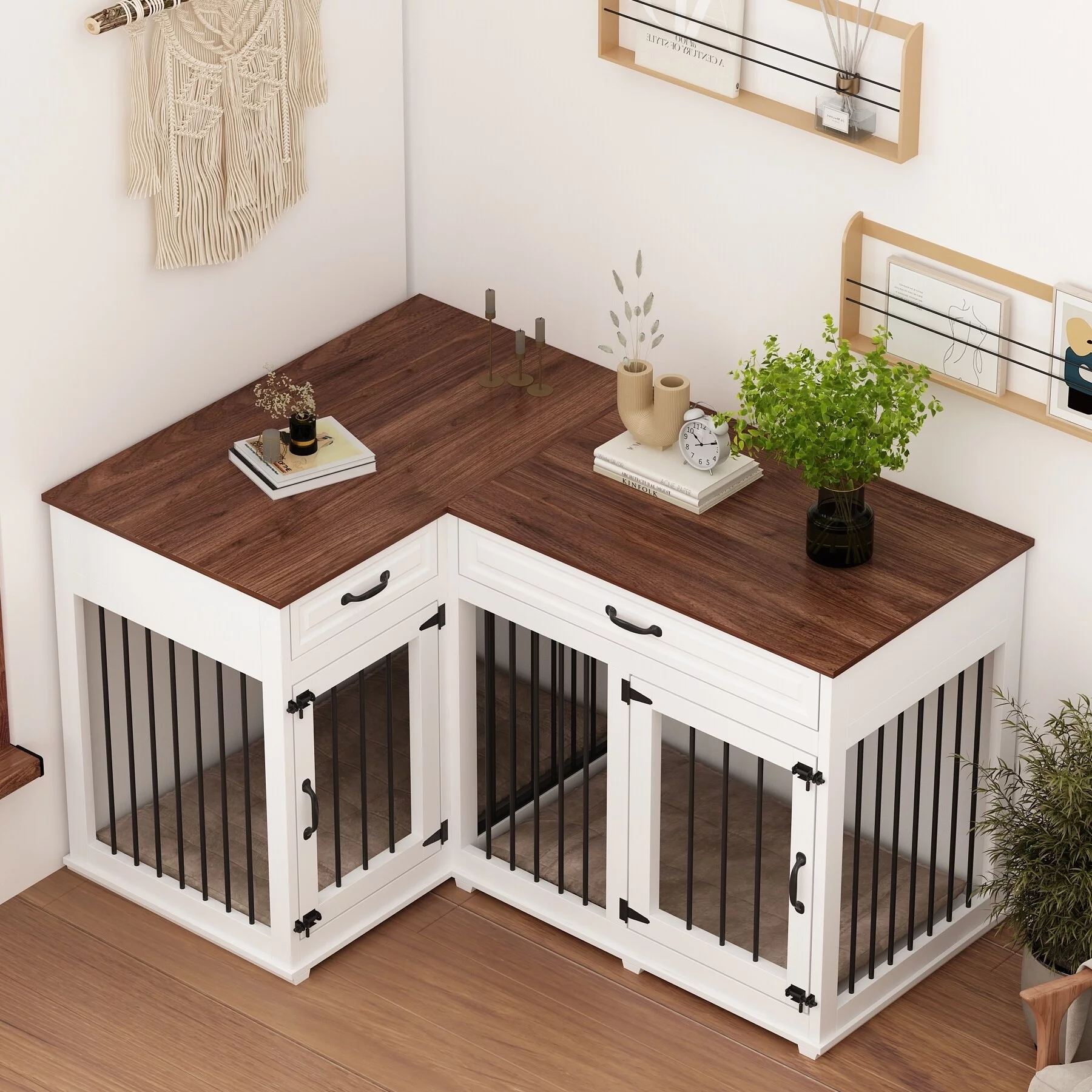 Large Corner Dog Crate Furniture For 2 Dogs With 2 Drawers TV Stand