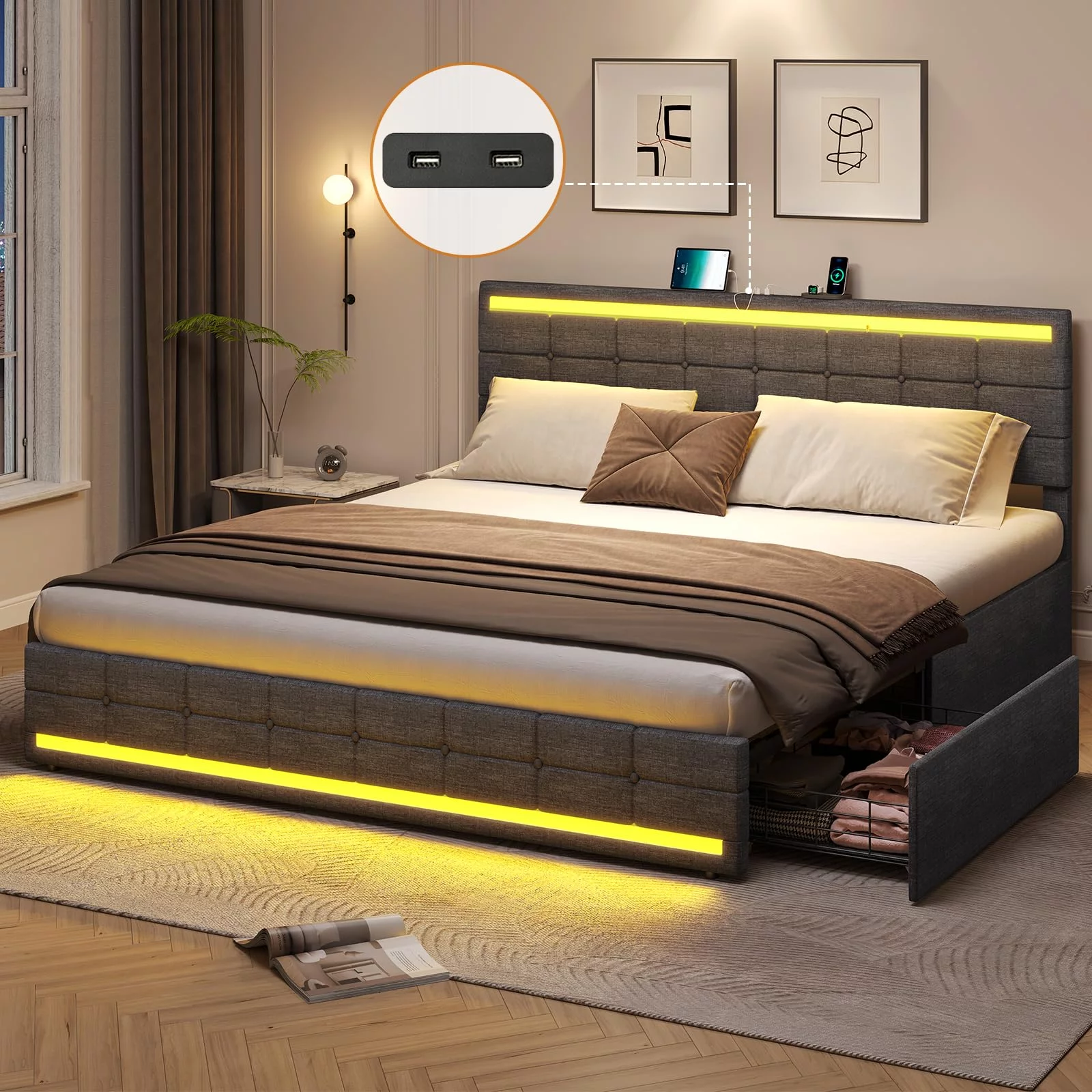 LED Bed Frame King Size Upholstered Platform Bed with 4 Drawers and LED Headboard and 2 USB Ports,Noise-Free, Dark Grey