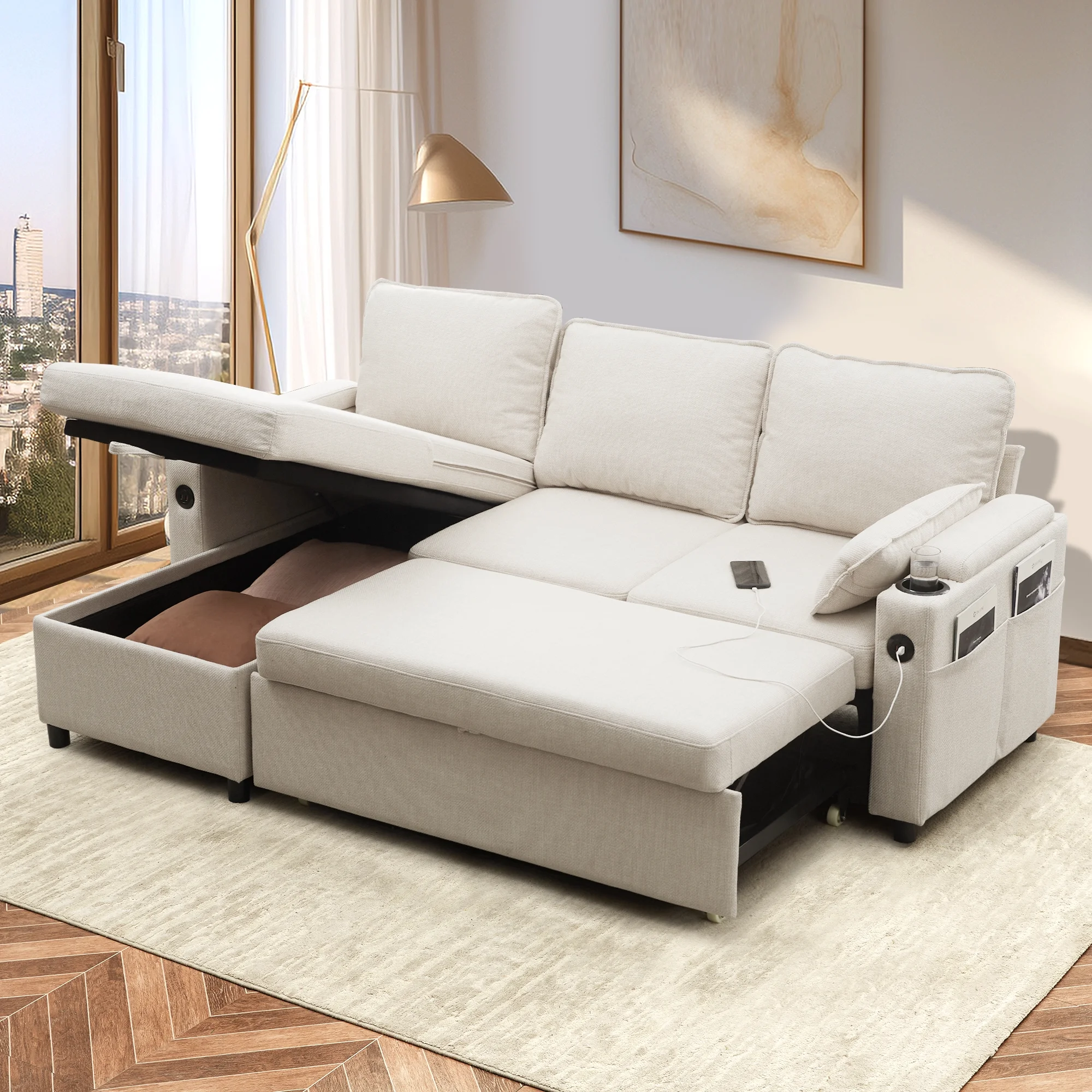 Duraspace Sectional Sleeper Sofa with Storage Chaise, Reversible Pull Out Couch Sofa Bed, L-Shape Beige