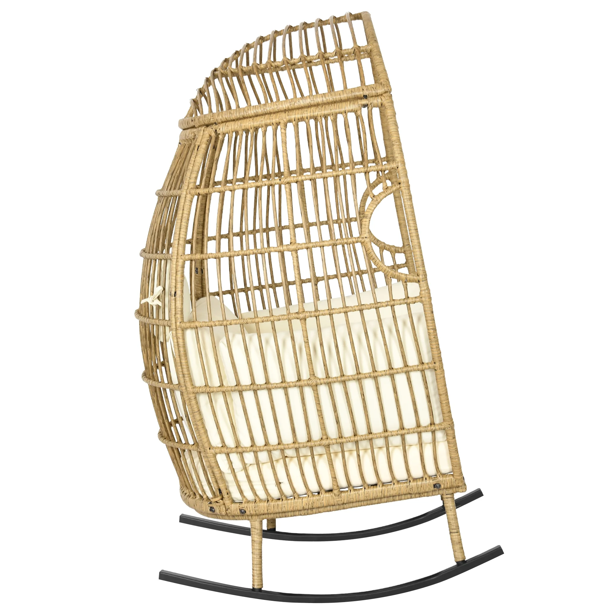 Dextrus Indoor Outdoor Rocking Egg Chair, Wicker Patio Rocking Basket Chair with 385lbs Capacity, All-Weather Oversized Egg Lounger Chair - Beige