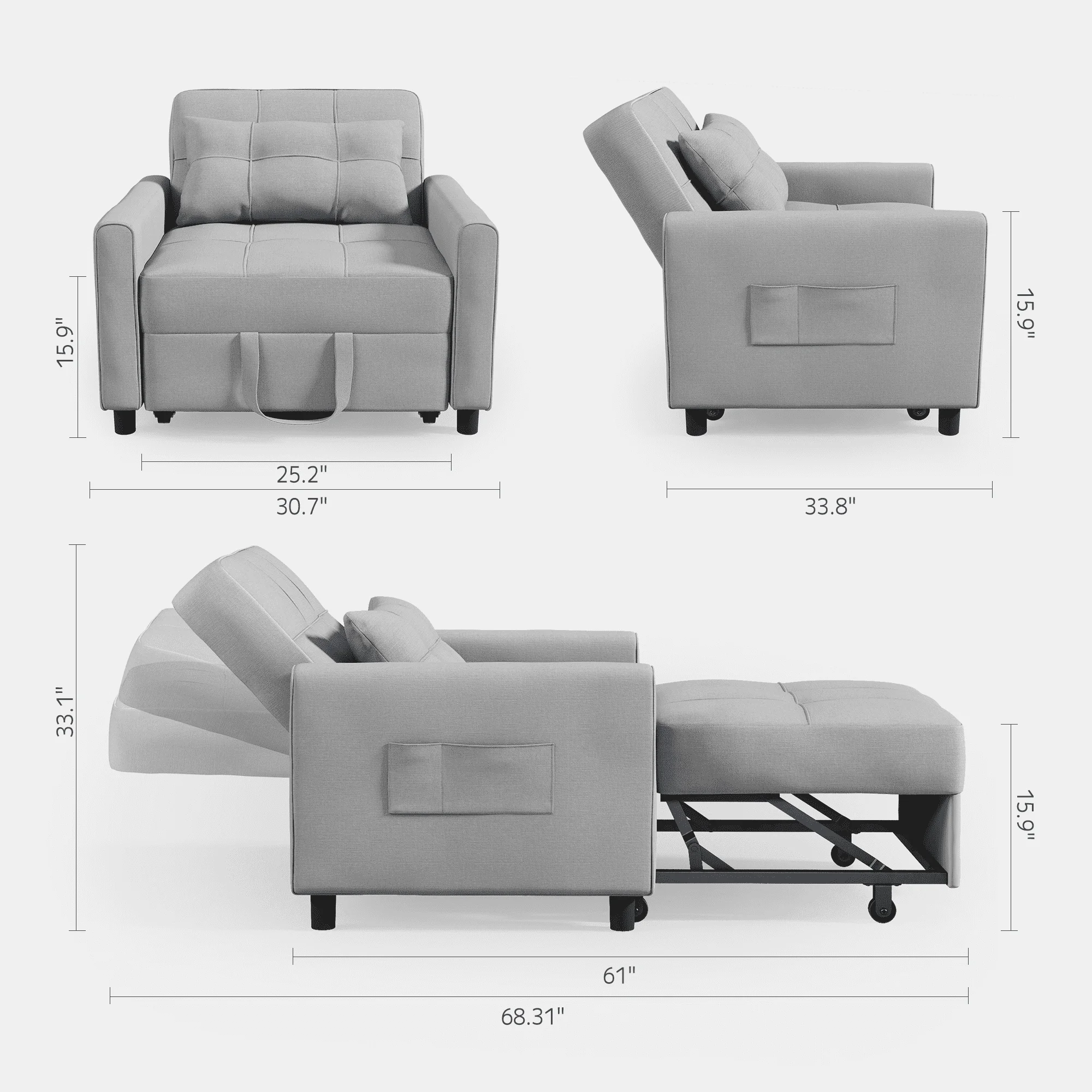 Asofer Sofa Bed Chair, 3 in 1 Convertible Futon Couch Recliner, Sleeper Sofa for Home or Office, Light Gray