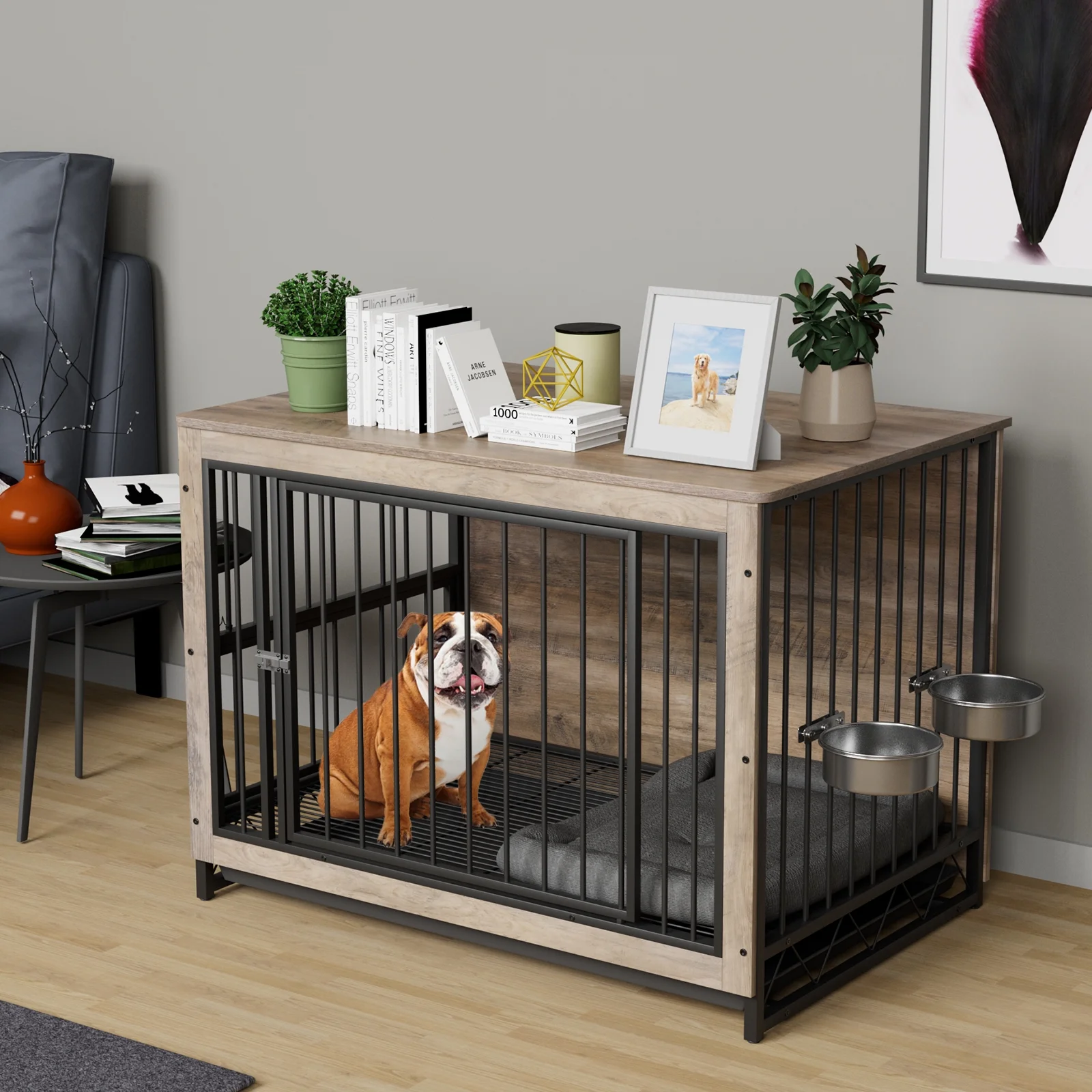 Pirecart  39.4in Wooden Dog Crate Furniture, Dog Kennels with Pull-Out Tray and 2 Bowls