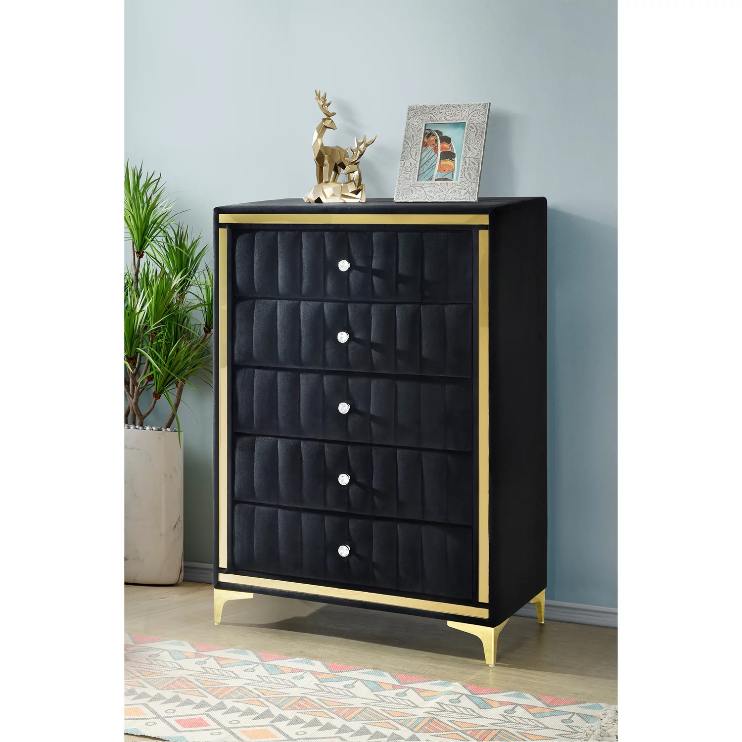 Better Home Products Monique Velvet Upholstered 5-Drawer Chest Dresser with Gold Legs and Gold Trim in Black - Fully Assembled