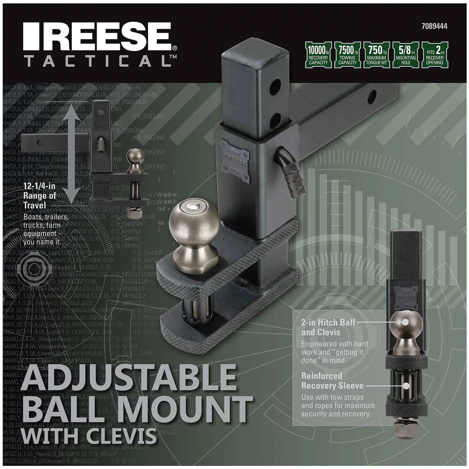 Reese 7089444 Adjustable Trailer Hitch Ball Mount (2 Inch Trailer Ball), Fits, 2 Inch Square Receiver, 7.25 Inch Drop, 6,000 lbs. Capacity, Black