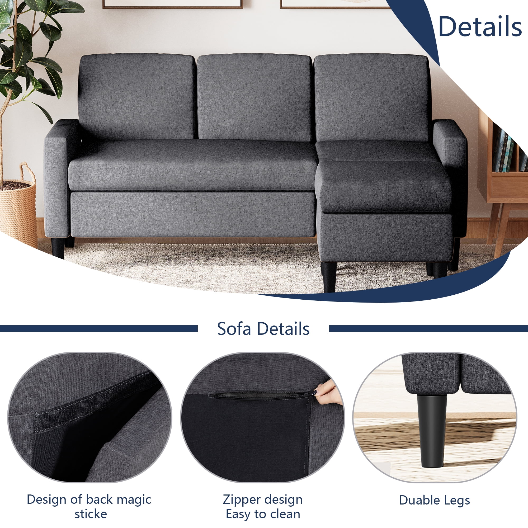 Walsunny Convertible Sectional Sofa Couch,Modern Linen Fabric L-Shaped Couch 3-Seat Sofa with Reversible Chaise for Small Space(Grayish Black)