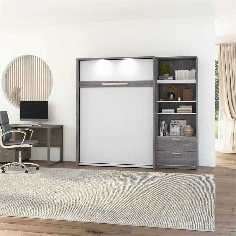 Atlin Designs Wood Full Murphy Bed with Closet Organizer in Bark Gray/White