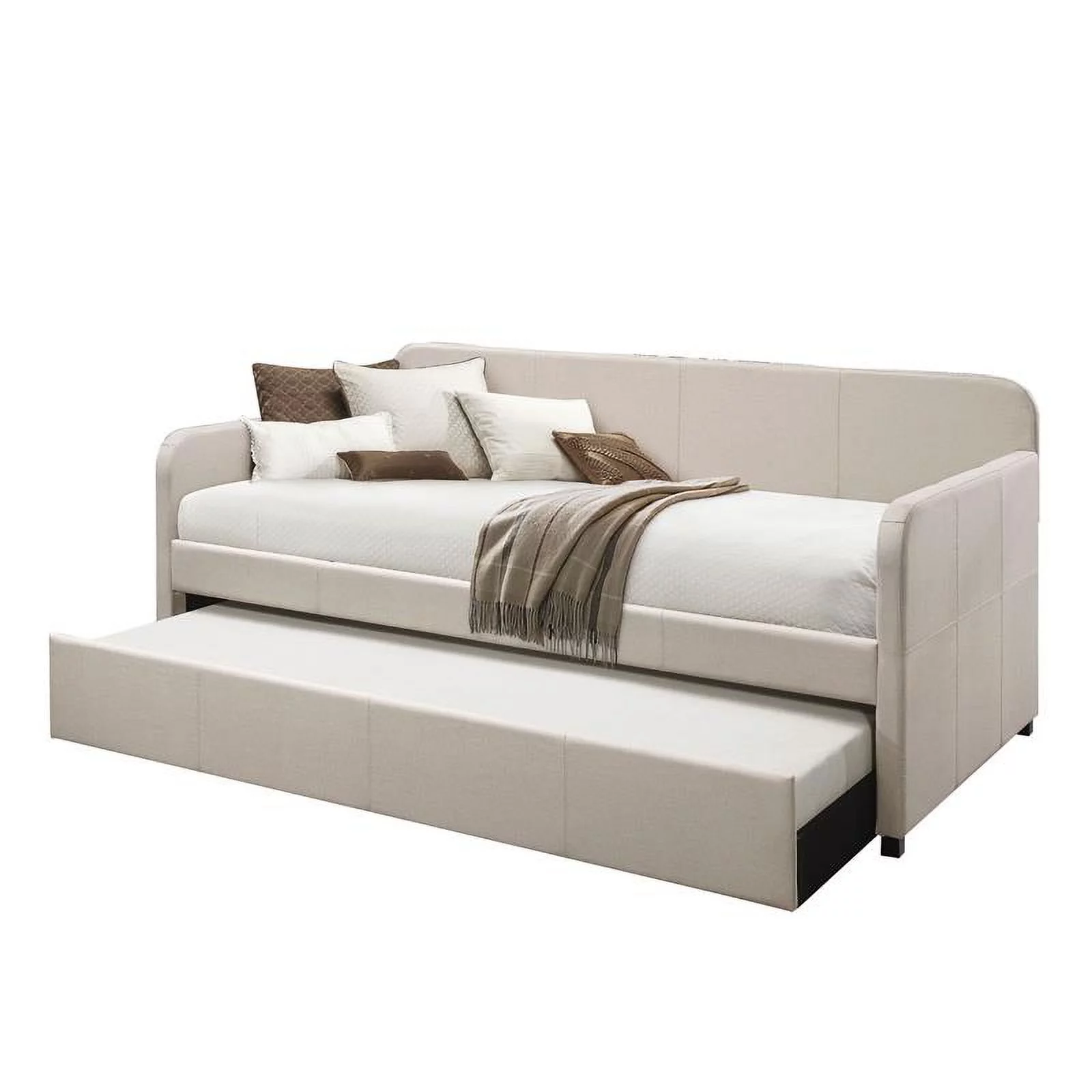 Fabric Upholstered Wooden Day Bed with Trundle and Panel Back in Beige
