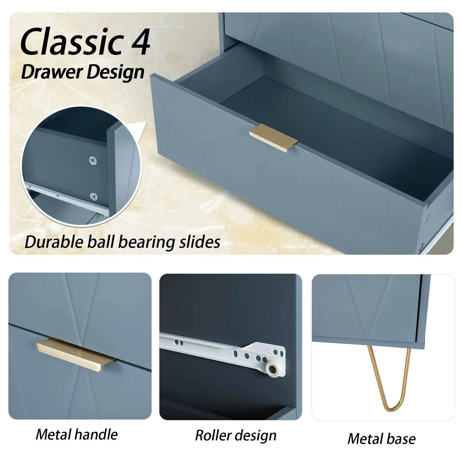 4 Drawers Chest Of Dresser Tall Storage Tower Cabinet with Metal Legs For Bedroom Living Room Bluish Gray