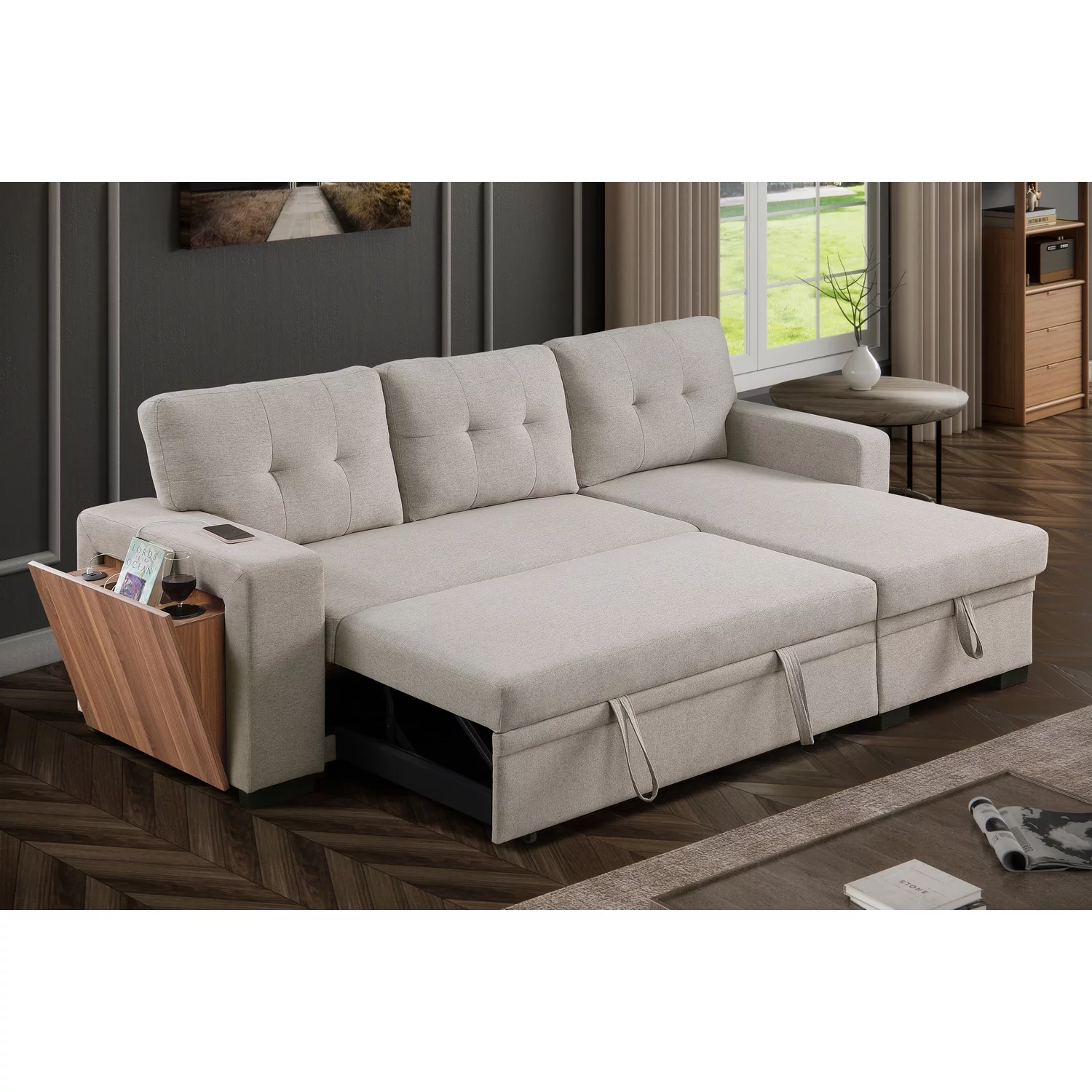 Devion Furniture Fabric Reversible Modern Side Compartment Sleeper Sectional Sofa Bed-Light Gray