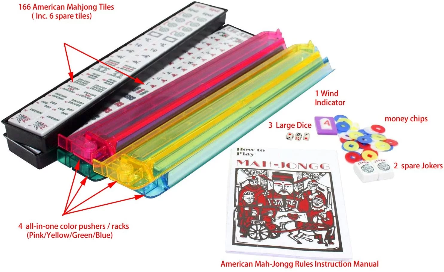 American Mahjong Game Set - Red (Burgundy) Quilted Soft Bag - 166 White Engraved Tiles, 4 All-in-One Rack/Pushers Complete Western Mah-Jongg, Maj Jongg, Ma Jong Set