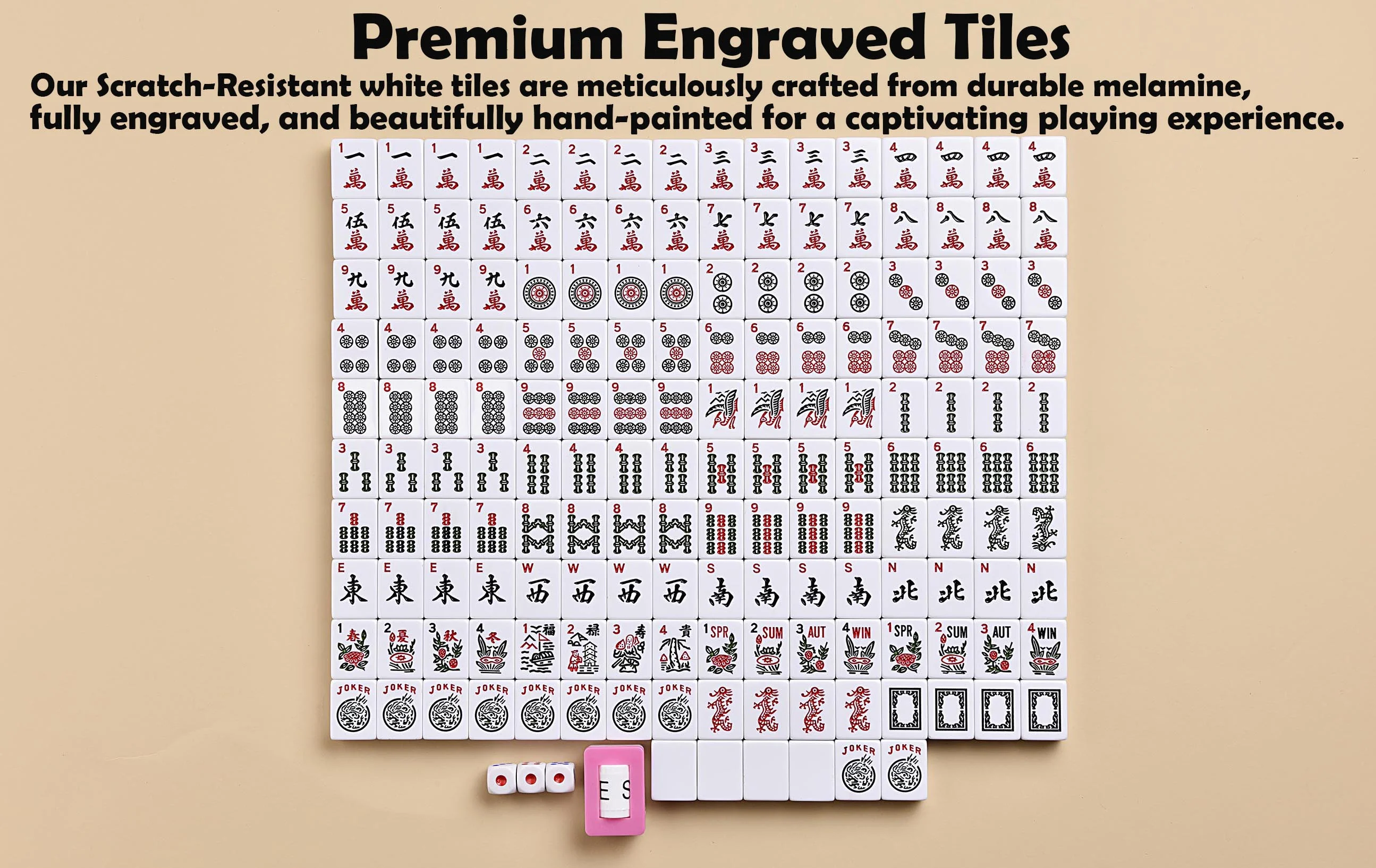 American Mahjong Game Set - Red (Burgundy) Quilted Soft Bag - 166 White Engraved Tiles, 4 All-in-One Rack/Pushers Complete Western Mah-Jongg, Maj Jongg, Ma Jong Set