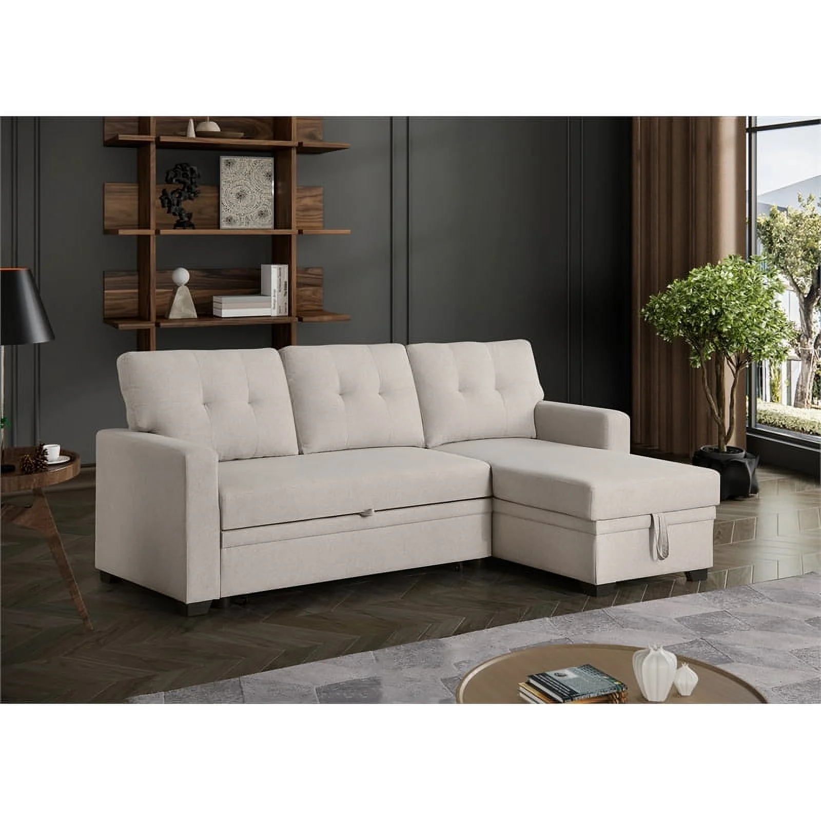 Devion Furniture Polyester Fabric Reversible Sleeper Sectional Sofa-Beige