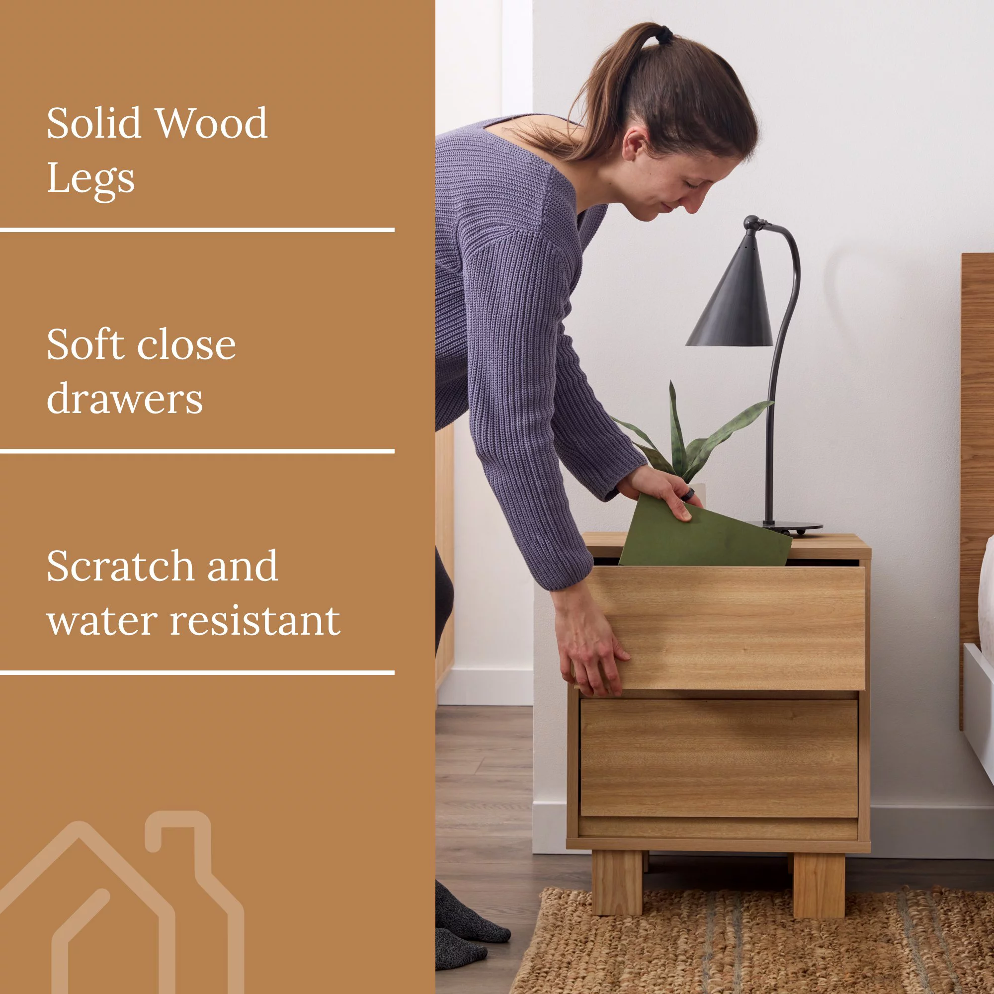 Rest Haven Modern Wood 2-Drawer Nightstand with Square Legs, Light Oak