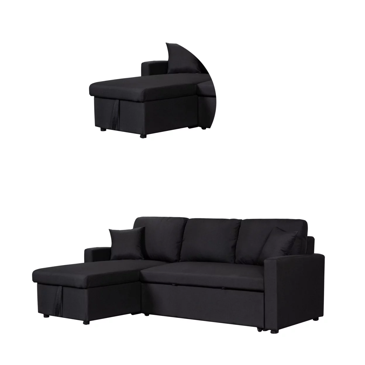 Kip 82 Inch Modern Sleeper Sectional Sofa Bed with Storage Chaise, Black - Saltoro Sherpi