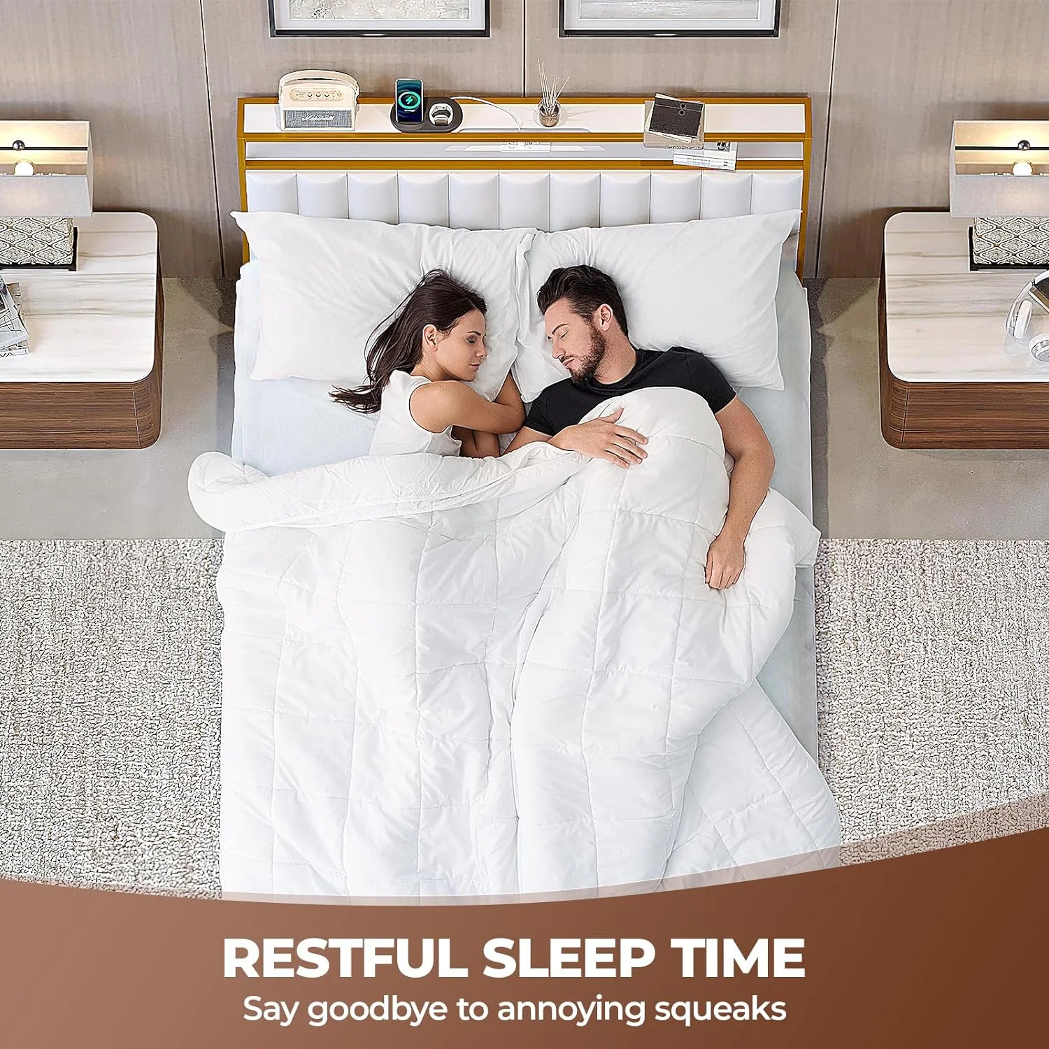 VIPLIVE King Bed Frame with Double Layer Faux Leather Upholstered Headboard and 4 Storage Drawers