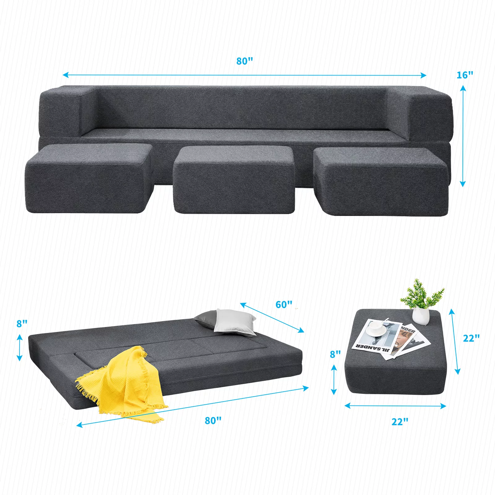 BALUS Folding Bed Couch, Sleeper Foam Sofa Bed, Cushioned Foam Mattress Comfortable Sofa, Floor Couch Sleeper Sofa Foam with 3 Ottomans for Living Room/Bedroom/Guest Room/Home Office (Dark Grey)