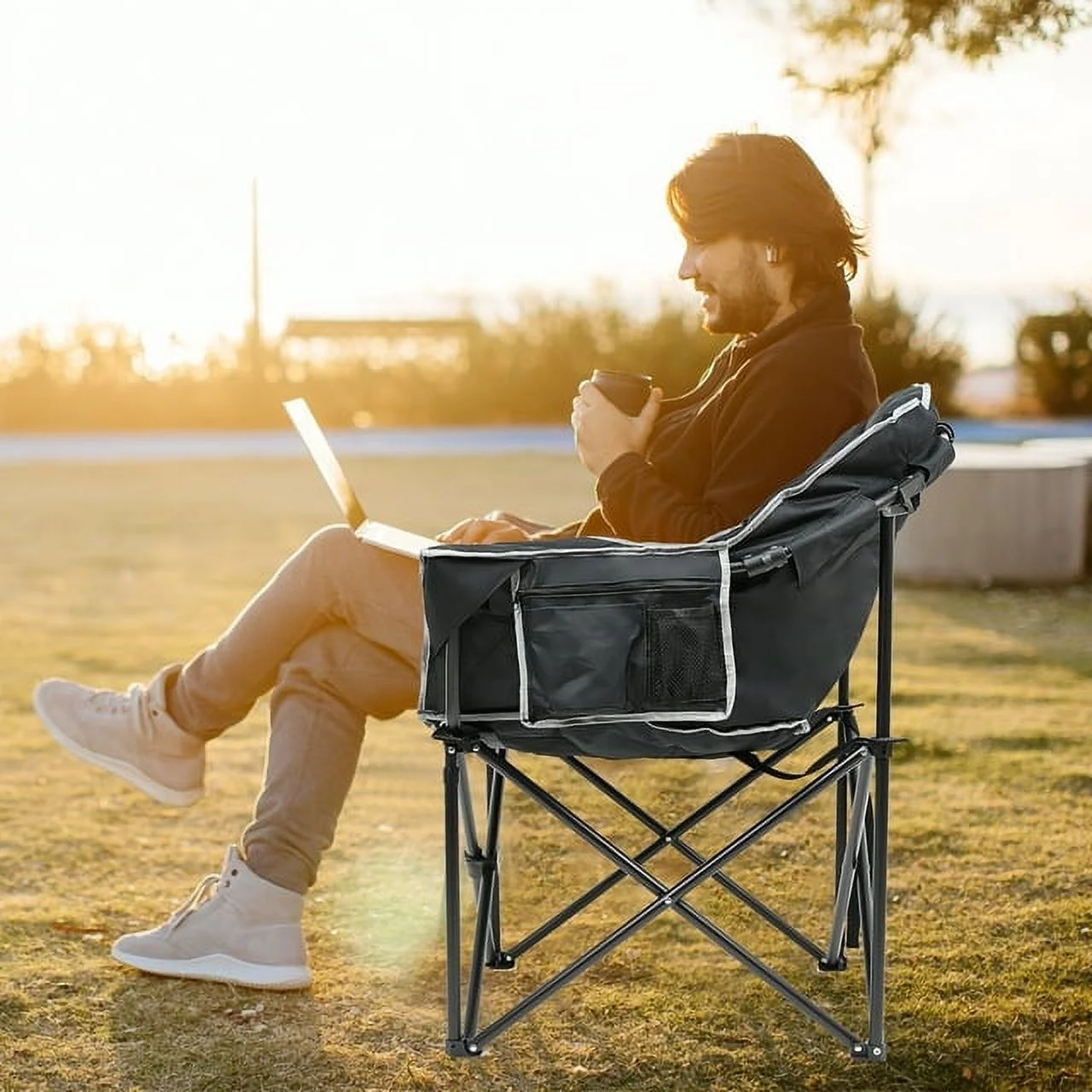 ABORON Oversized Folding Camping Chair, Padded Moon Round Chair for Adults, Foldable Saucer Recliner with Cup Holder & Carry Bag, Supports up to 500lbs