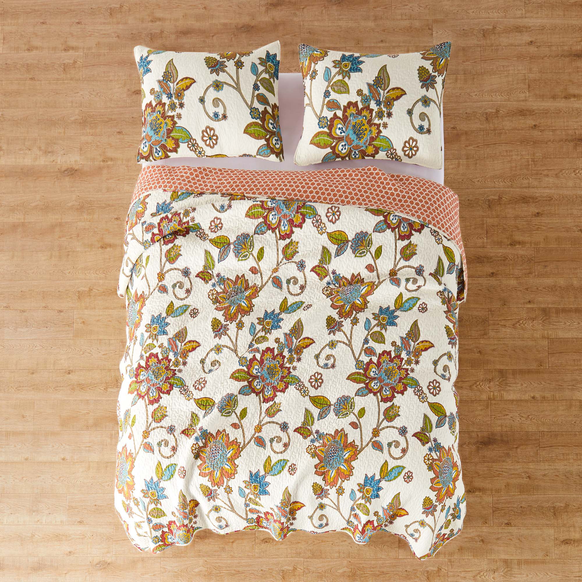 Levtex Home - Clementine Quilt Set - King Quilt + Two King Pillow Shams - Floral - Orange , Yellow, Teal, Ivory - Quilt (106x92in.) and Pillow Shams (36x20in. ) - Reversible - Cotton Fabric