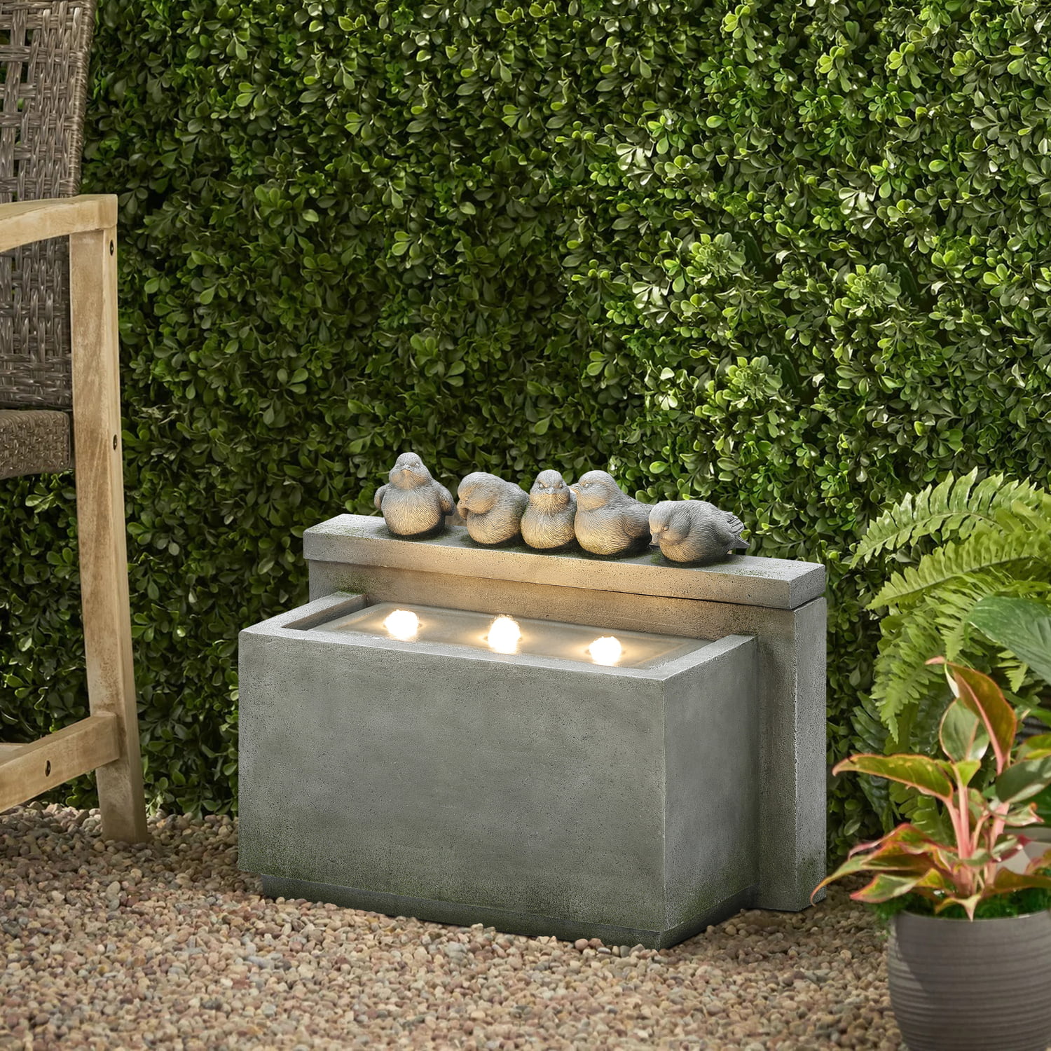 LuxenHome Gray Rectangular and Birds Resin Outdoor Bubbler Fountain with Lights