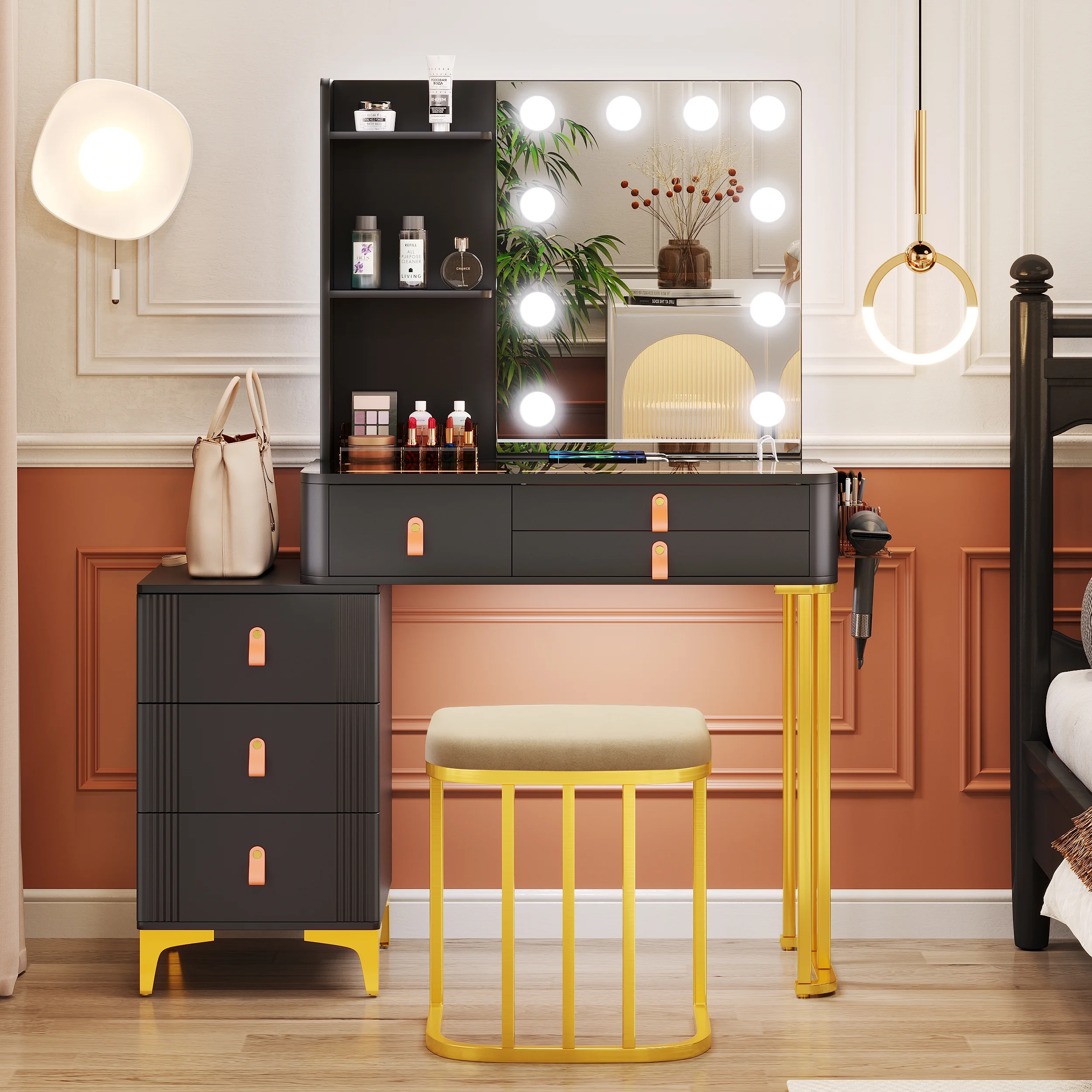 FREDEES Makeup Vanity Desk Set with Hollywood Mirror and Led Lights and Charging Station for Bedroom, Black