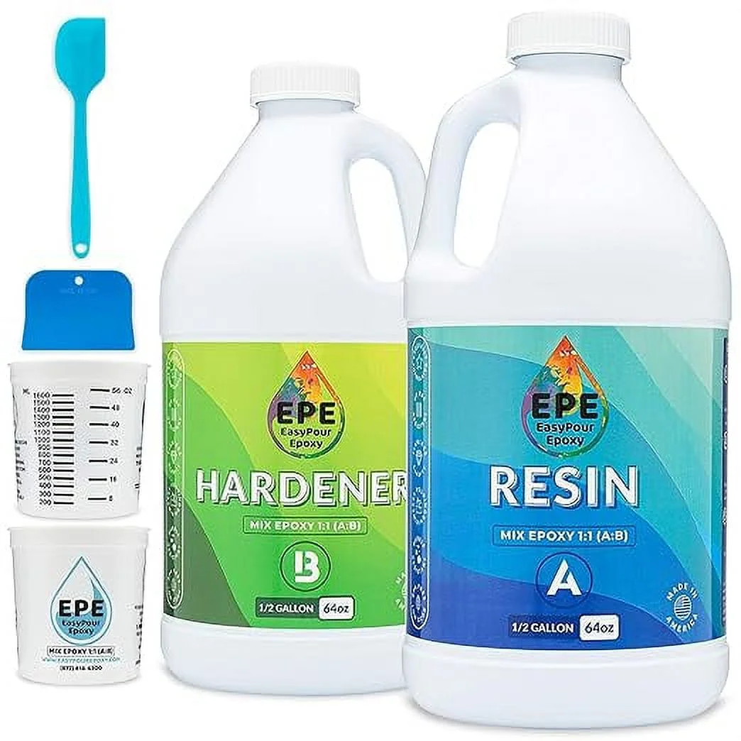 EPE EasyPour Epoxy 2 Gallon Kit - Crystal Clear High Gloss Resin and Hardener, 2 Mixing Cups, Silicone Spatula, Plastic Spreader - Wood Tabletops, Epoxy Countertop Resin, Epoxy Casting and Art Work