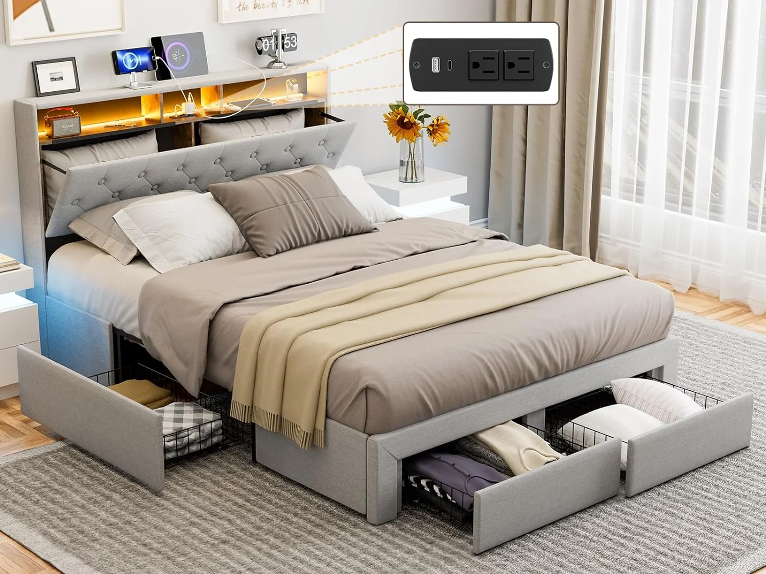 ONKER Full Size Bed Frame with Charging Station & Storage Headboard, Upholstered Linen Button Tufted LED Platform Bed with 4 Drawers, Solid Wood Slats, Noise-Free, No Box Spring Needed - Light Grey