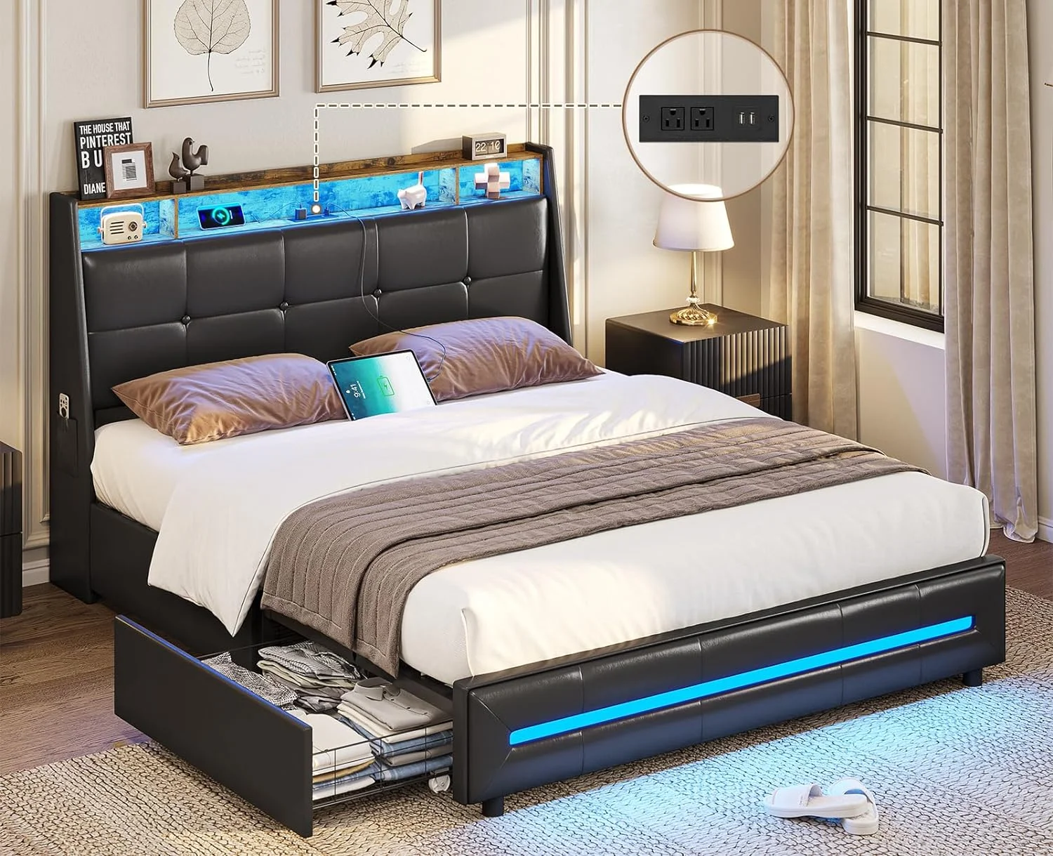 Queen Bed Frame with Storage Headboard and Drawers, Bed Frame with LED Light and Charging Station, Wooden Slats, PU Leather,No Box Spring Needed