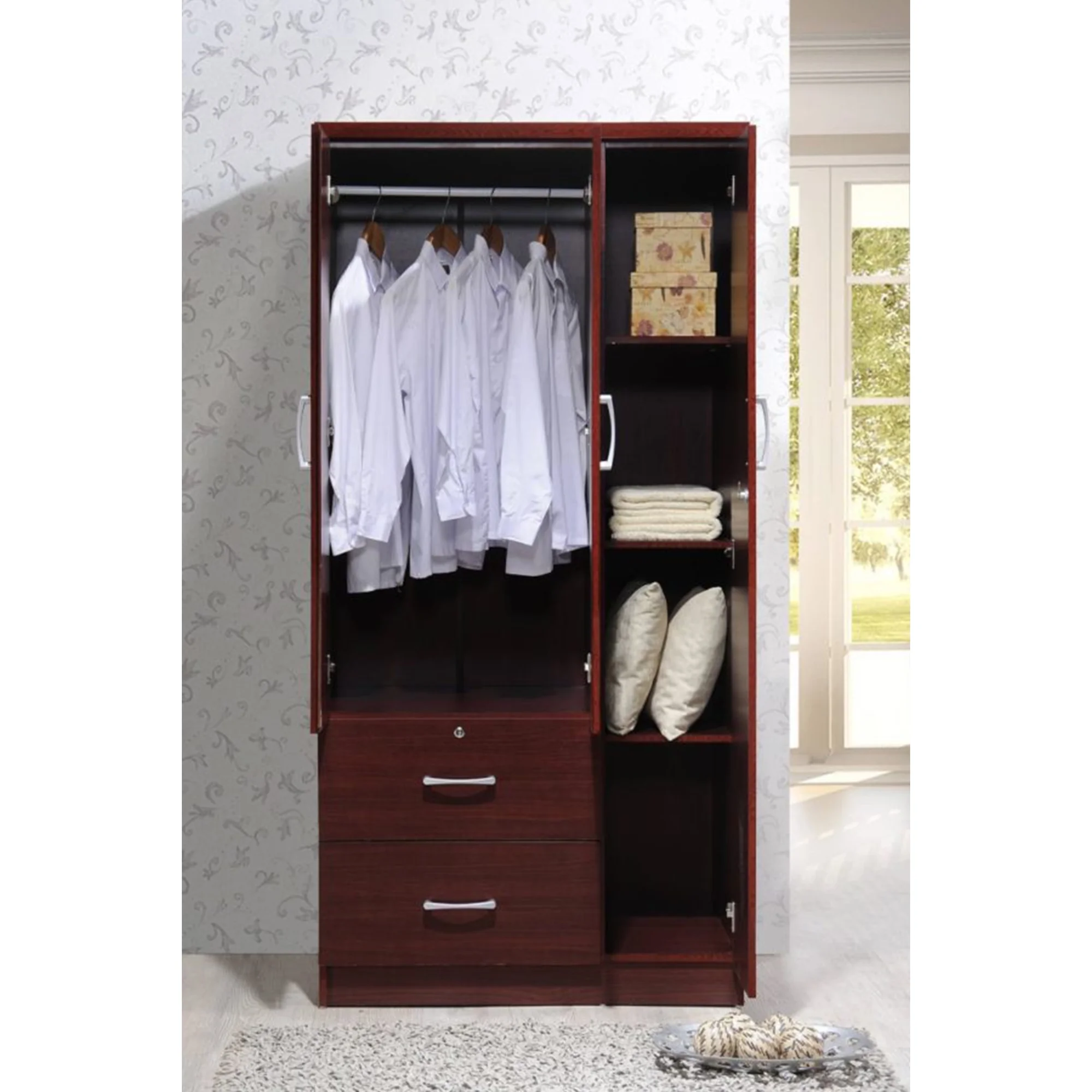 Hodedah Import 3 Door Armoire with Rod, Shelves, and 2 Drawers, Mahogany