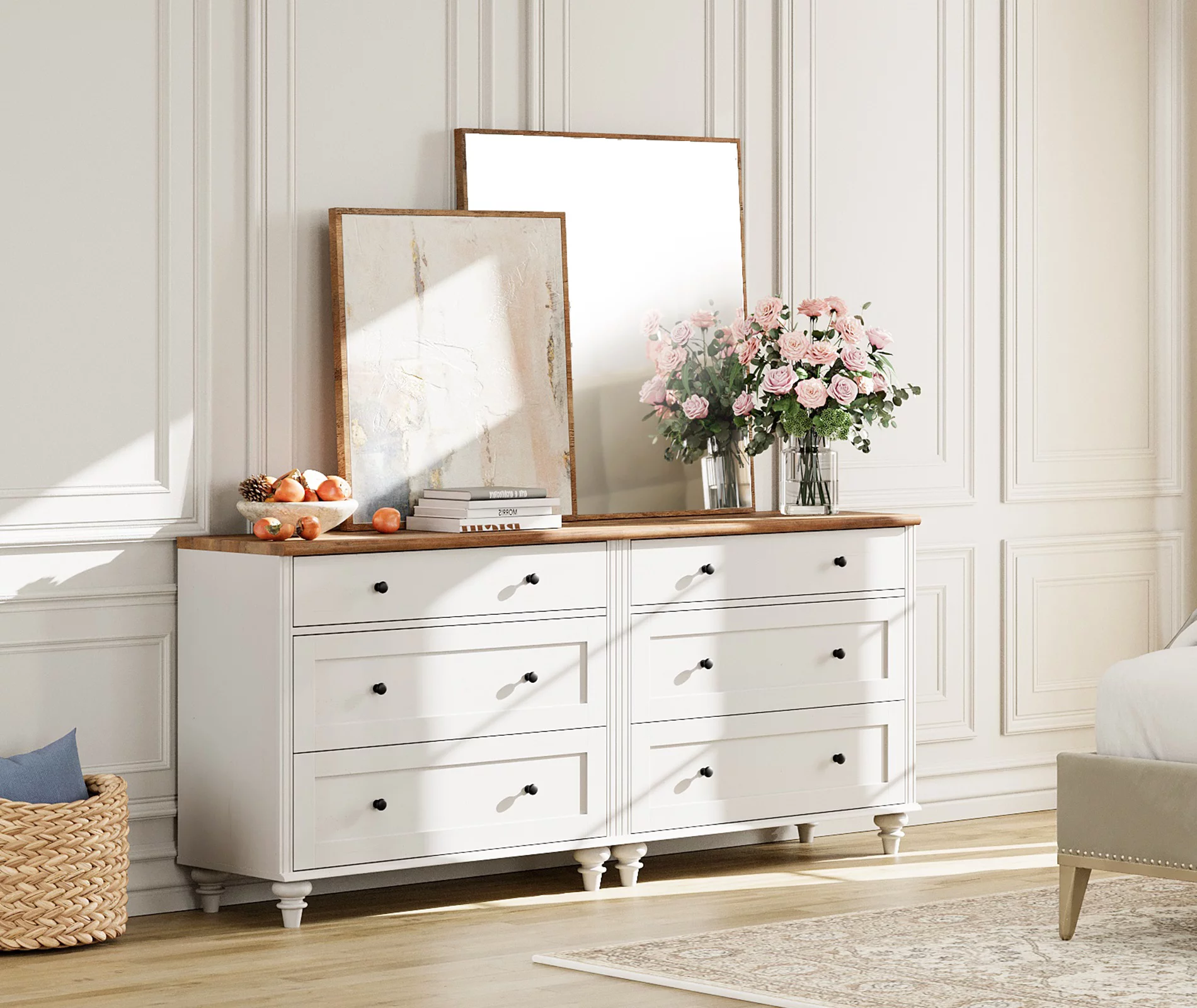 6 Drawer Dresser for Bedroom, White Kids Dressers Large Mid Century Modern Wooden Closet Storage Organizer for Living Room, Nursery, Hallway