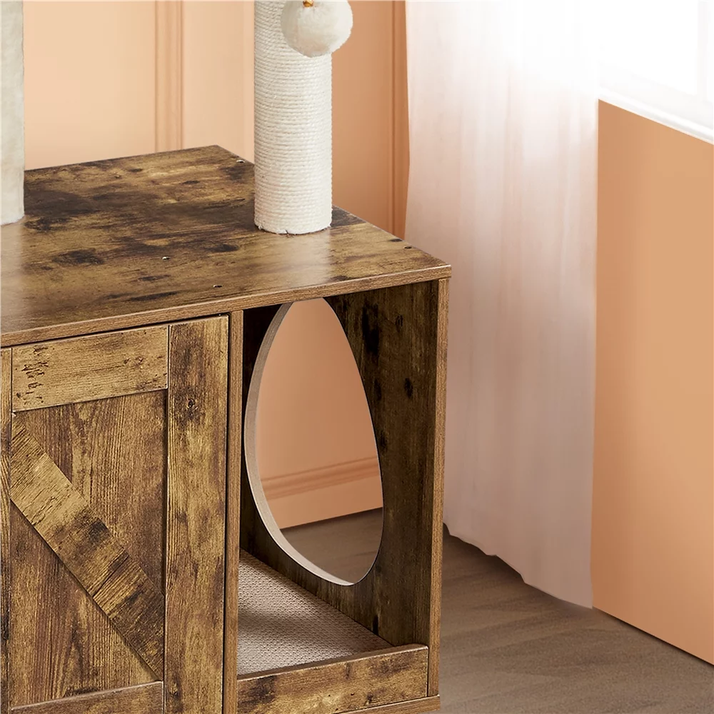 Easyfashion Wooden Litter Box Enclosure with Cat Tree Tower,Rustic Brown/Beige