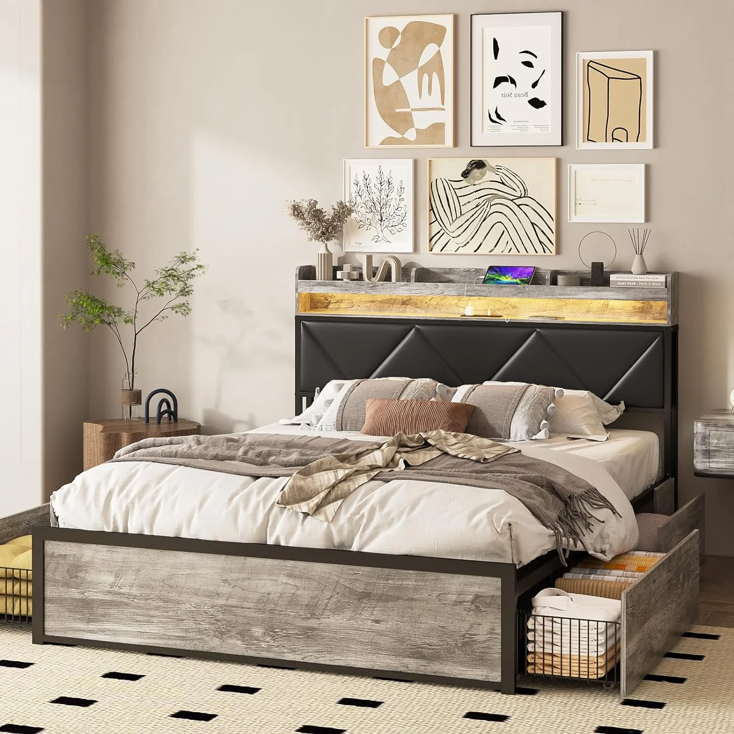 YZboomLife Full Size Led Bed Frame with Charging Station and 4  Drawers  Metal Platform Bed  Upholstered Headboard with 3 Shelves  No Box Spring Needed  Easy Assembly  Gray