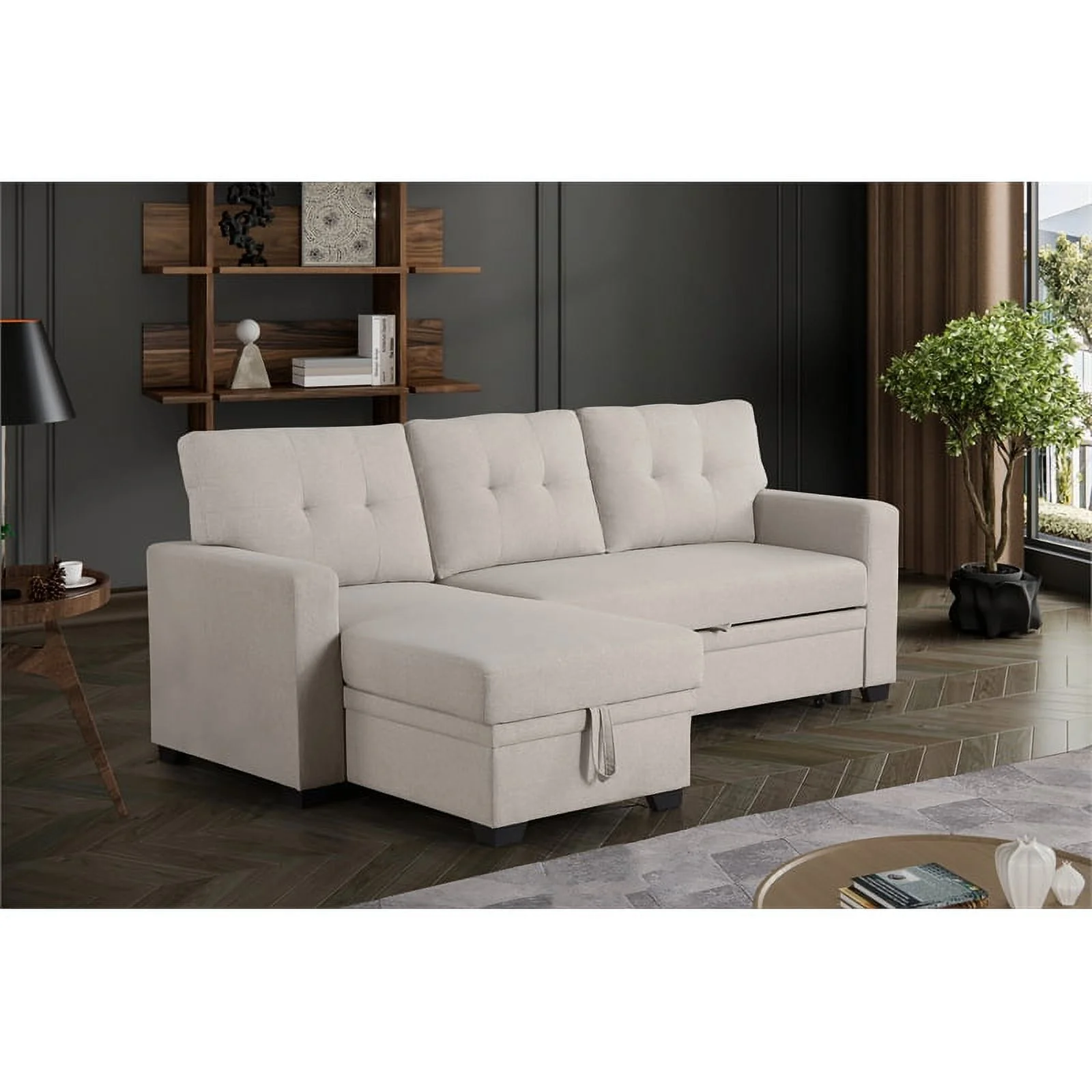 Devion Furniture Polyester Fabric Reversible Sleeper Sectional Sofa-Beige