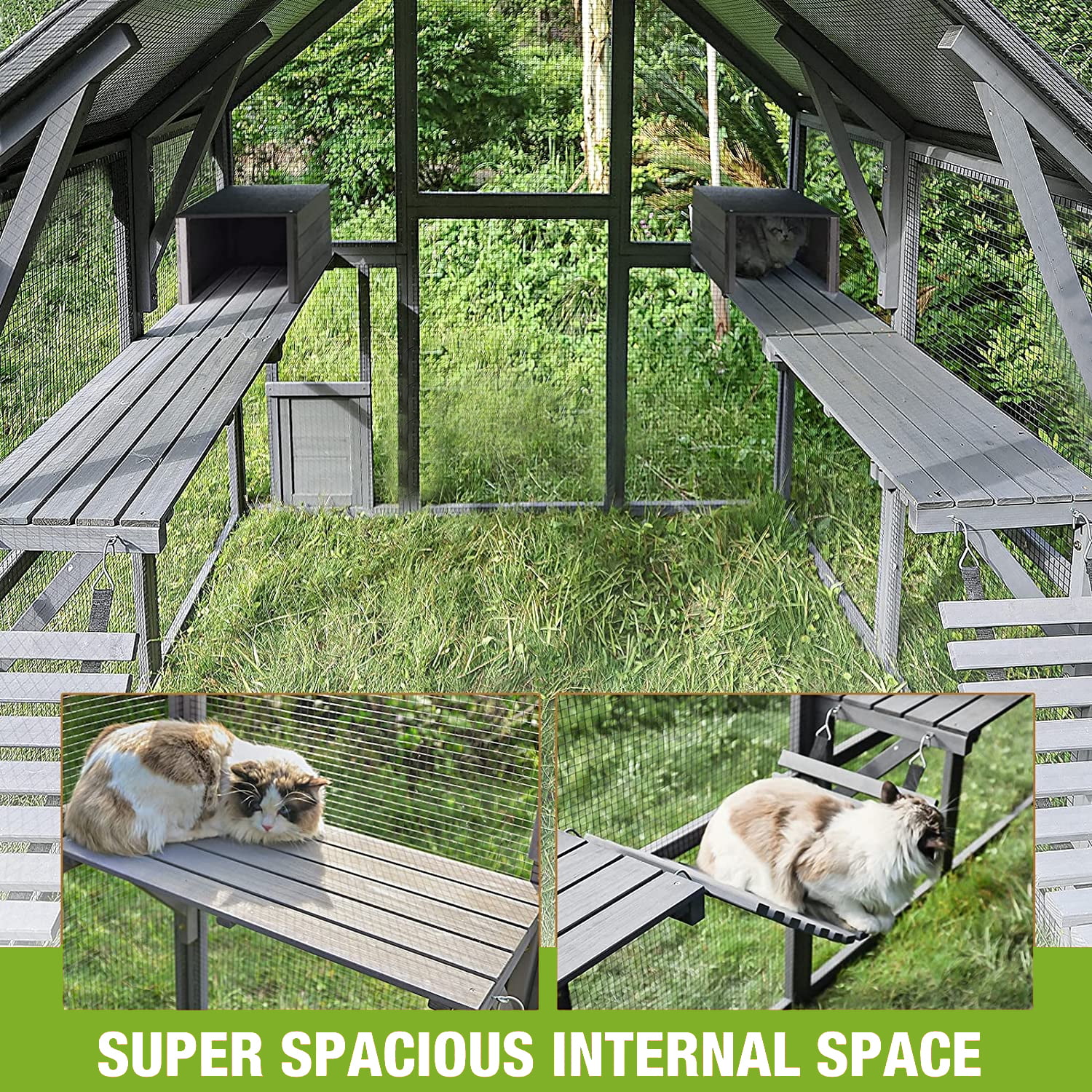 Cat House Outdoor Luxurious Cat Condo, Segmart Walk-in Weatherproof UV Proof Walk in Catio Enclosure Iguana Cage with Sunshine Board, Super Large Enter Door, Sleeping Houses, Bridges, Dark Grey