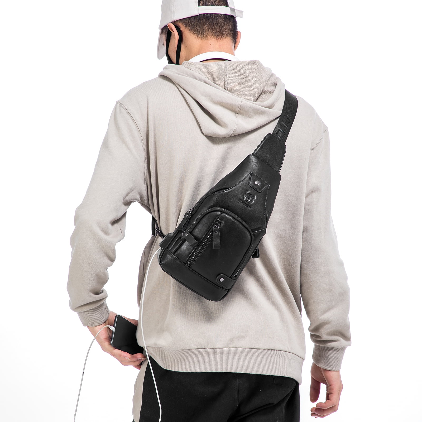 BULLCAPTAIN Men Leather Sling Bag Casual Shoulder Chest Crossbody Bag Hiking Travel Daypack with USB Charging Port