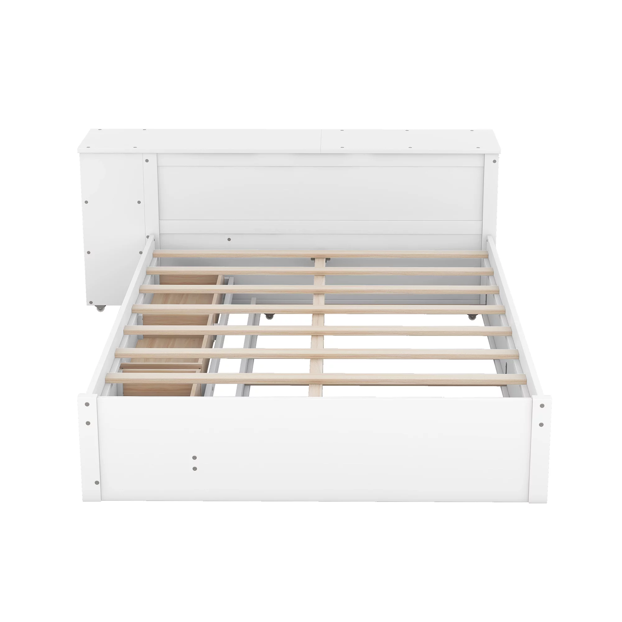 Churanty Full Size Platform Bed Frame with Rolling Desk and Storage Headboard Modern Wood Bed Frame with Trundle and Drawers,White
